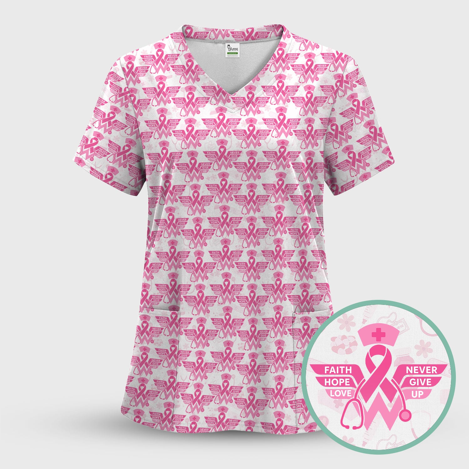 Breast Cancer Awareness Scrub Top - Pink Ribbon Nurse Shirt Multi Color - Faith Hope Love Nursing Workwear with Pockets
