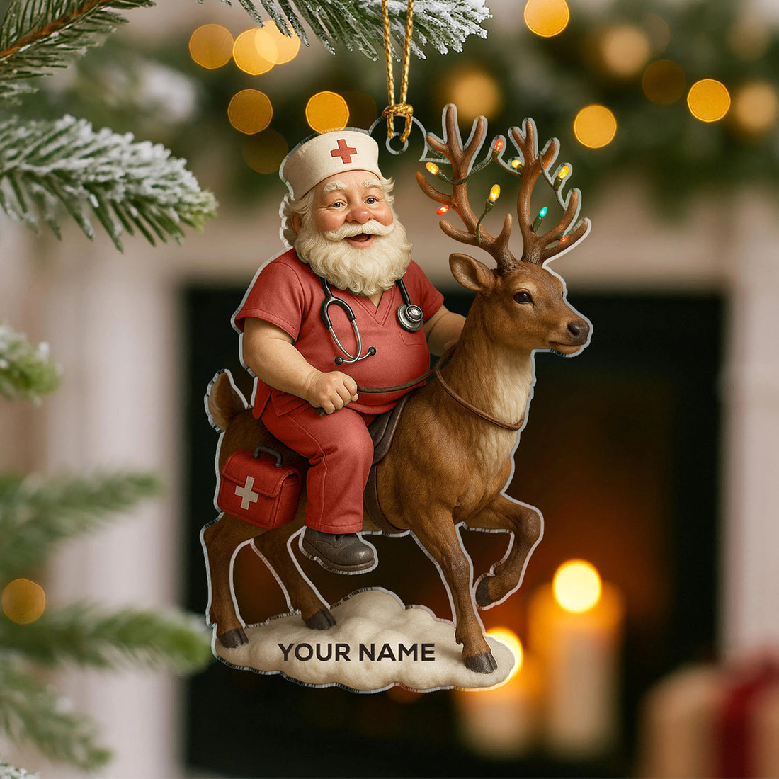 Personalized Nurse Santa Ornament, Custom Name Christmas Ornament with Reindeer, Funny Medical Ornament Gift for RN, LPN, CNA