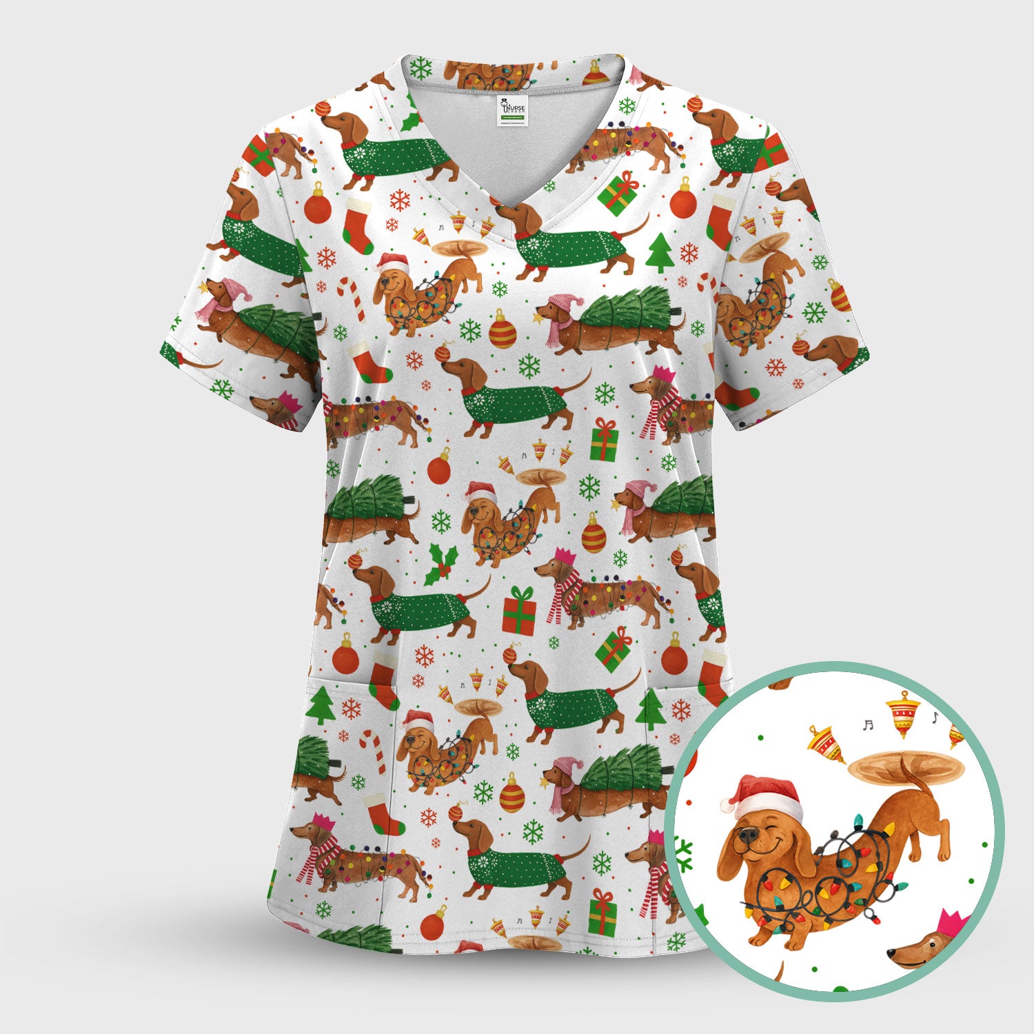 Christmas Dachshund Scrub Top - Funny Dog Scrub Shirt Multi Color - Holiday Medical Scrubs Gift for Nurse, CNA, RN, Doctor, Vet