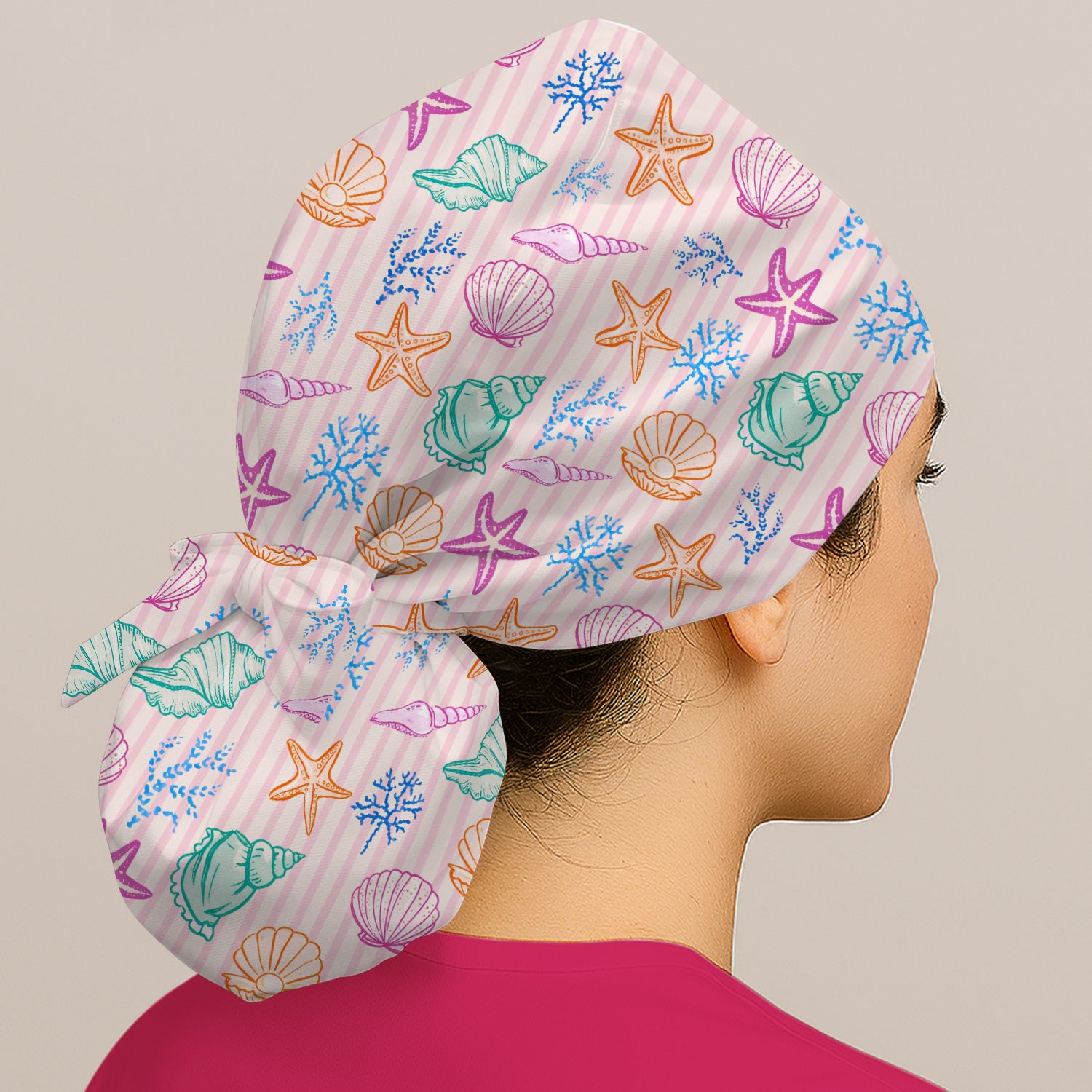 Colorful Seashell Starfish Ocean Stripe Pattern Cap, Bouffant Scrub Caps for Women