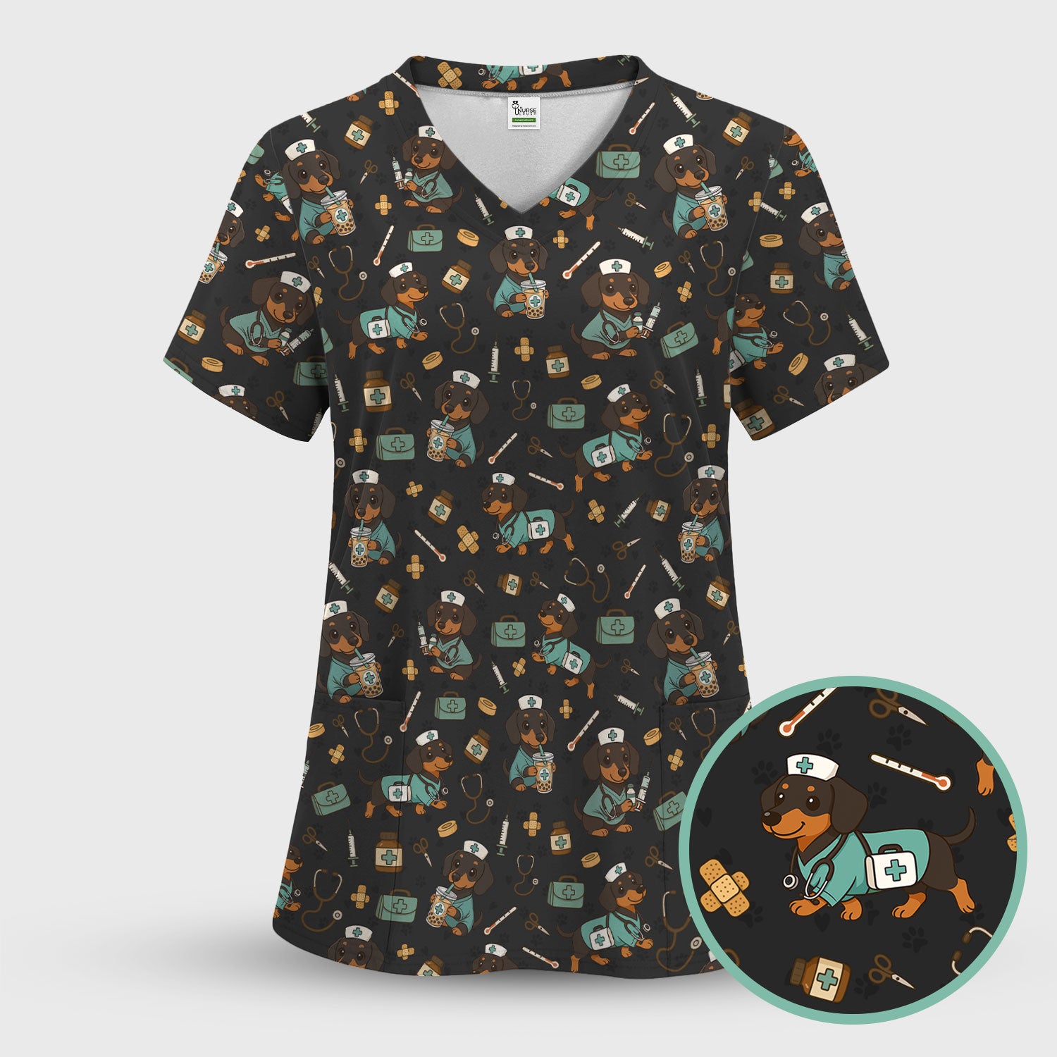 Funny Dachshund Nurse Scrubs - Cute Dog Print Medical Shirt - Holiday Nurse Scrub Top Gift for RN CNA Doctor, Women & Men