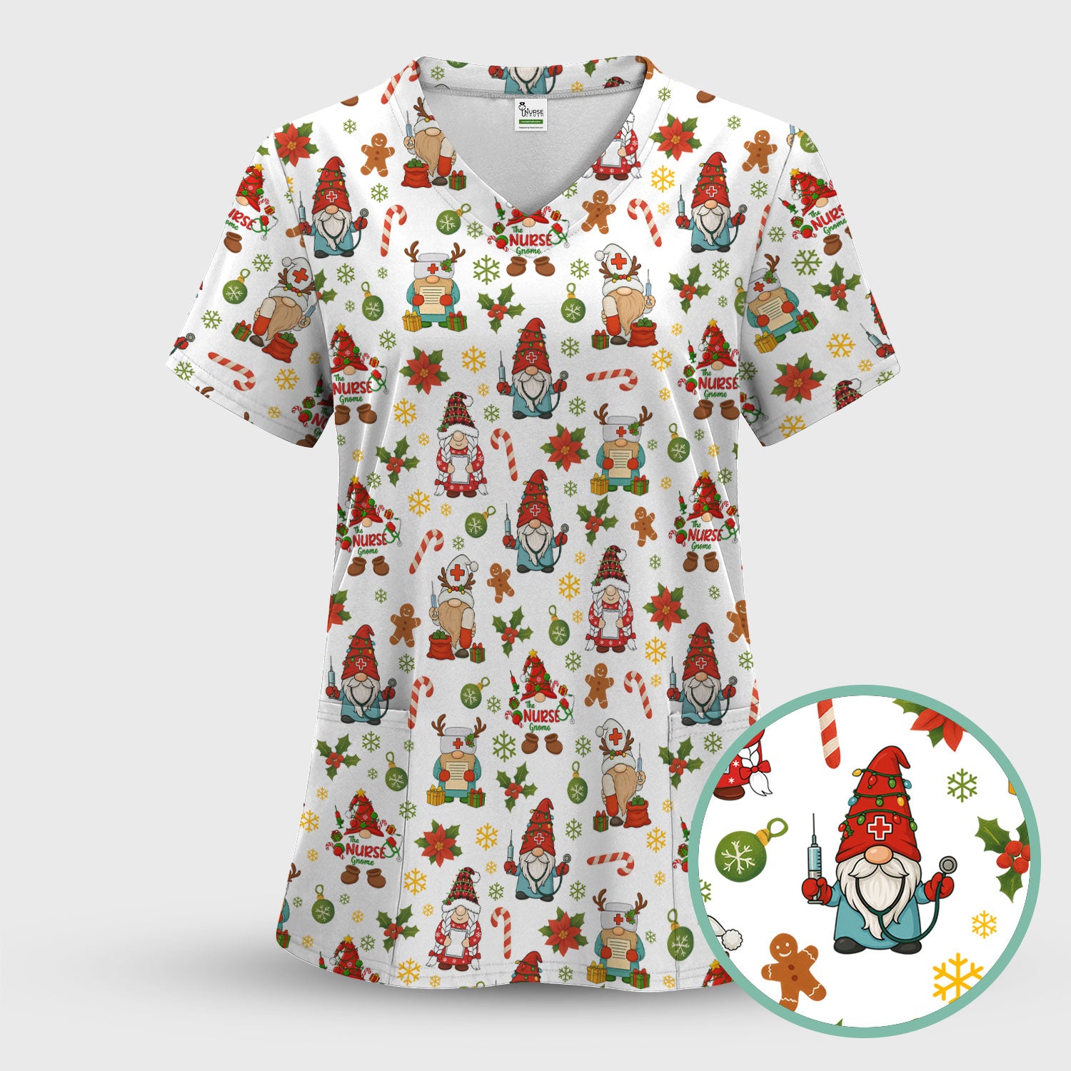 Christmas Gnome Nurse Scrub Top - Cute Holiday Santa Reindeer Print Scrubs - Funny Xmas Medical Scrub Shirt Gift for Women, CNA, RN, Doctor