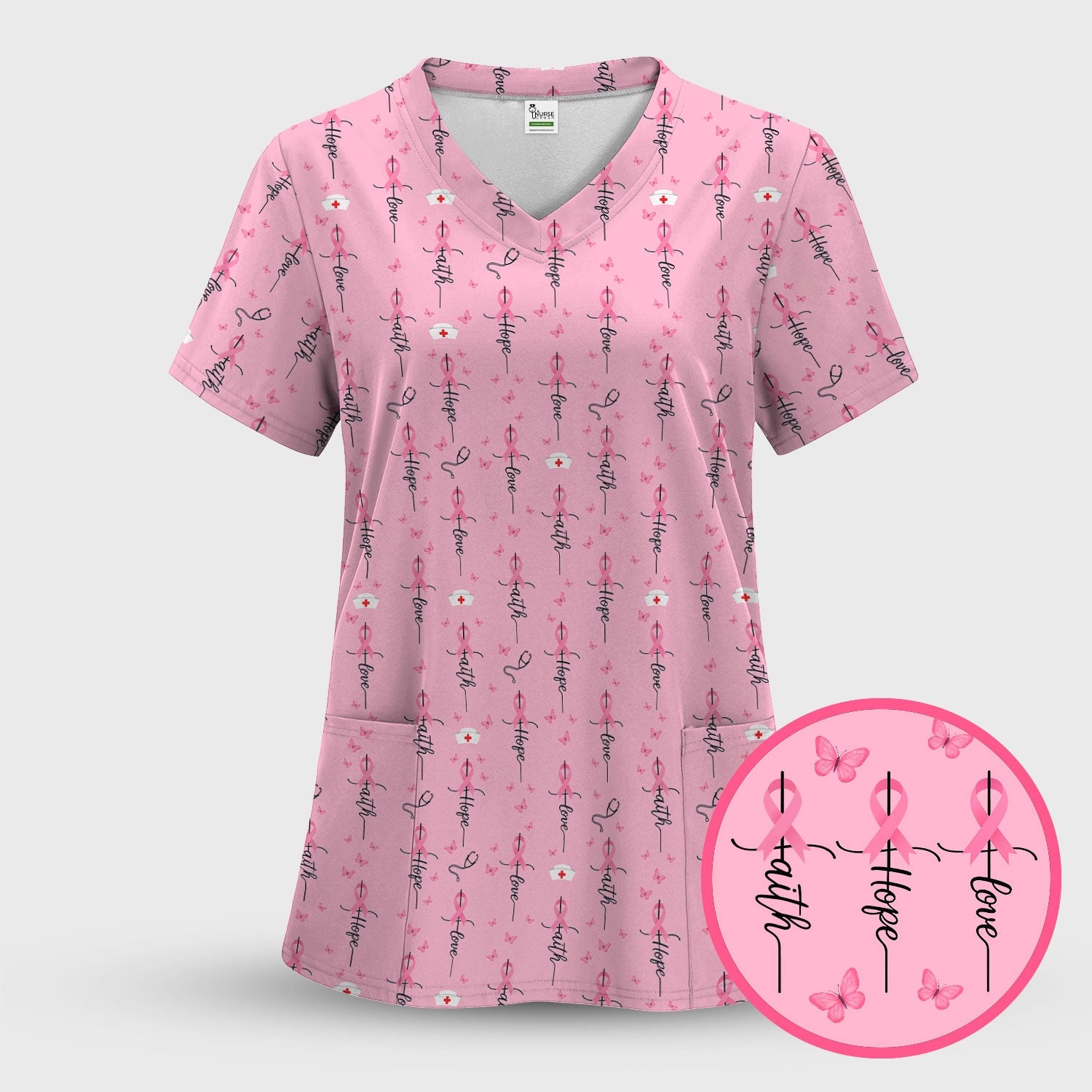 Breast Cancer Awareness Scrub Top Multi Color - Faith Hope Love Pink Ribbon Nursing Shirt - Supportive Nurse Workwear