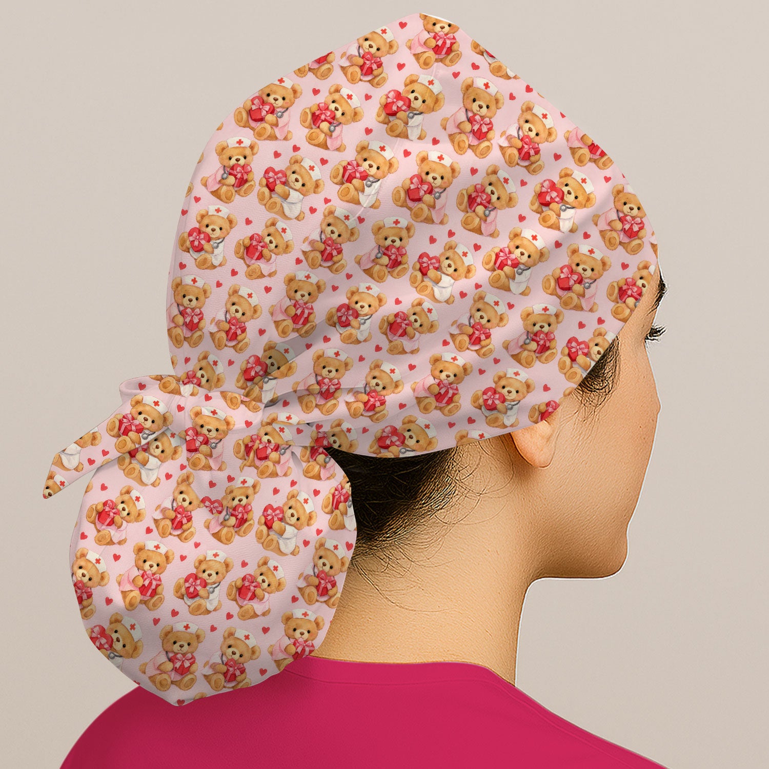 Valentine Teddy Pattern Scrub Cap, Bear And Heart Medical Nurse Scrub Hat, Breathable Fabrics Nursing Uniform
