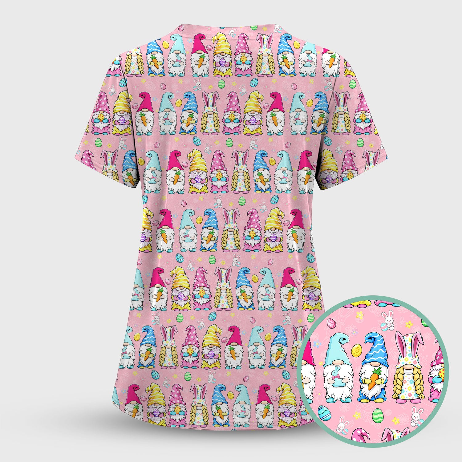 Colorful Easter Gnome Bunny Eggs Print Scrub Top, Comfortable Scrubs for Nurses