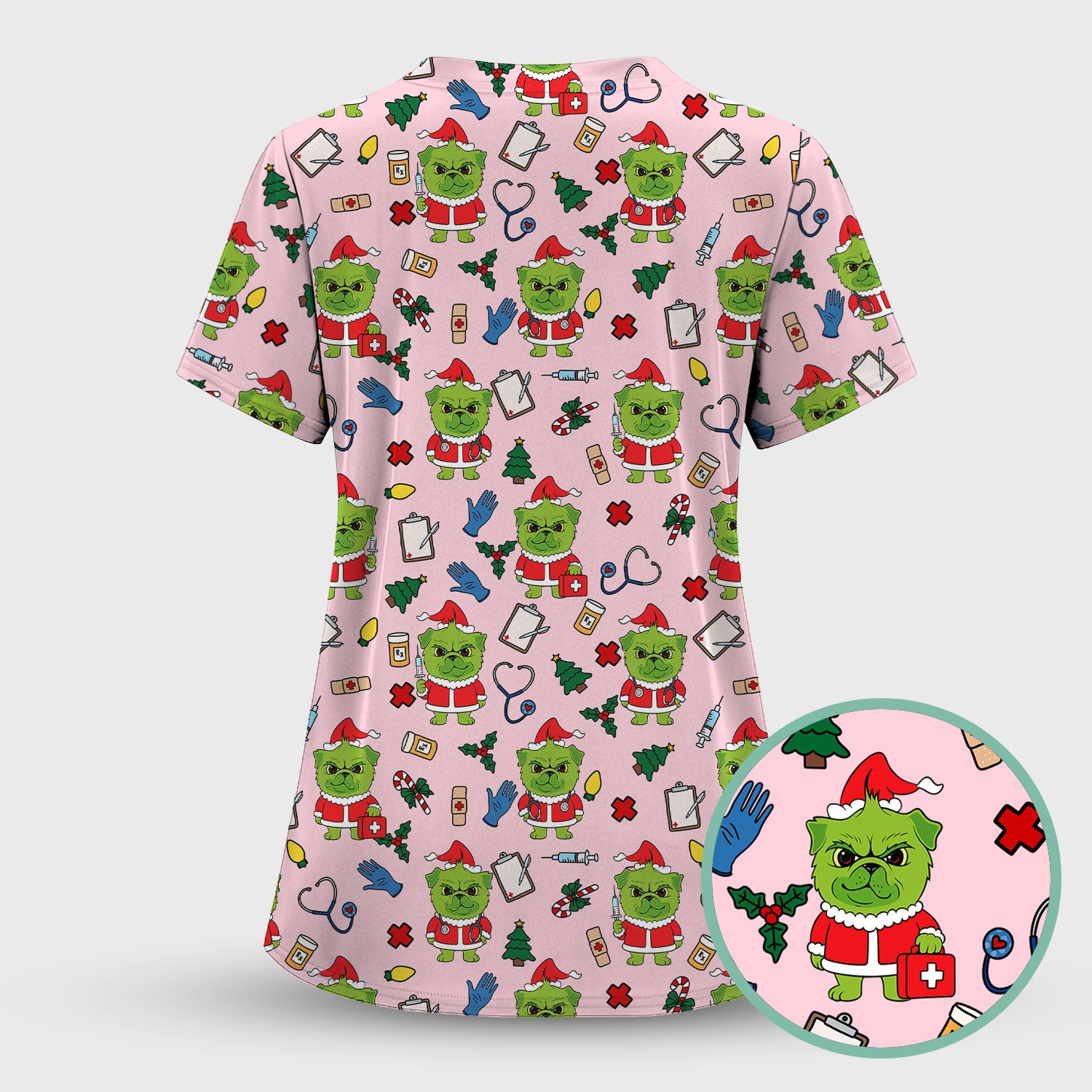 Funny Nurse Christmas Scrubs Set - Grumpy Dog Pattern with Medical Tools - Festive Holiday Scrub Top and Pants for Women