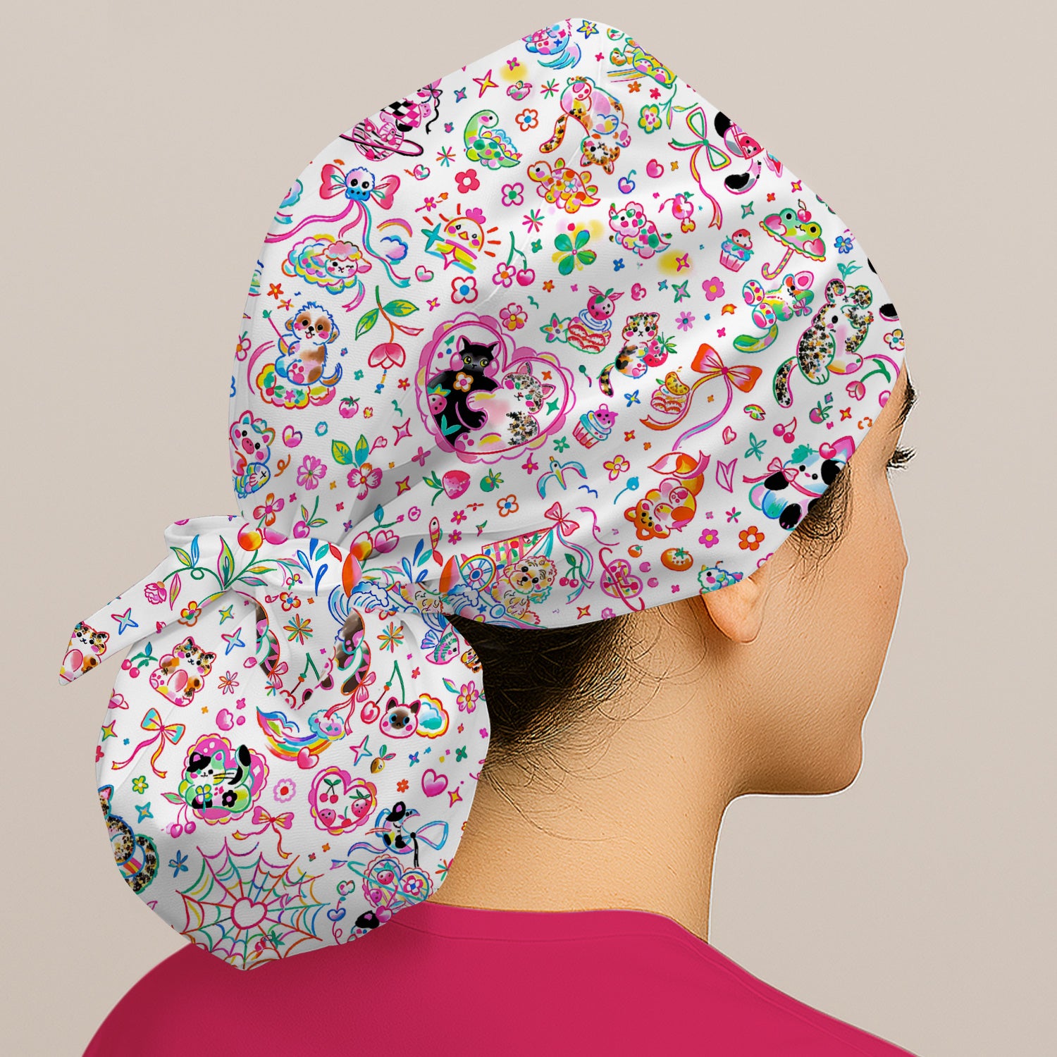 Colorful Kawaii Cat Heart Doodle Pattern Scrub Cap, Surgical Caps for Doctors