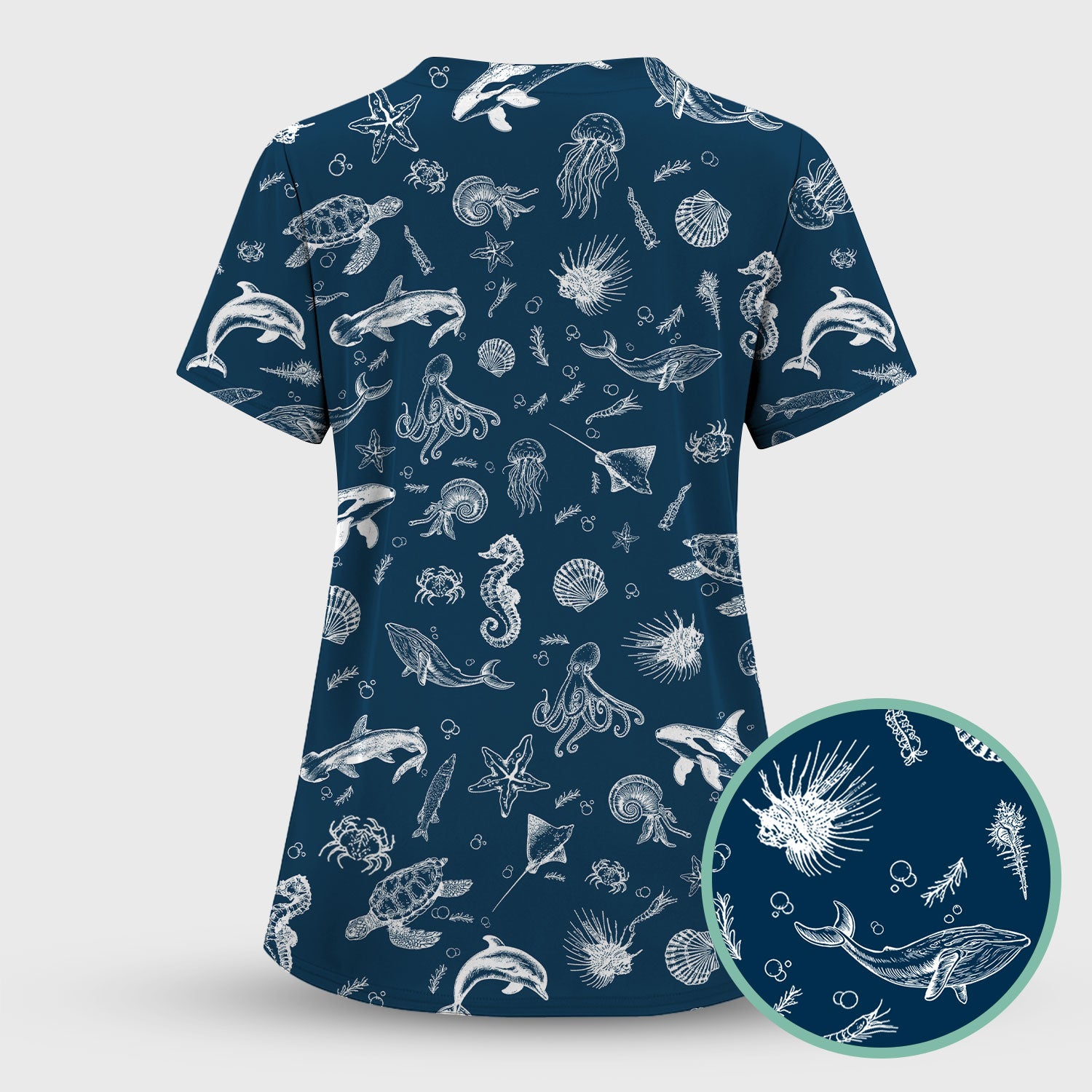 Marine Sea Life Pattern Scrub Top, Breathable Fabrics Nursing Uniform