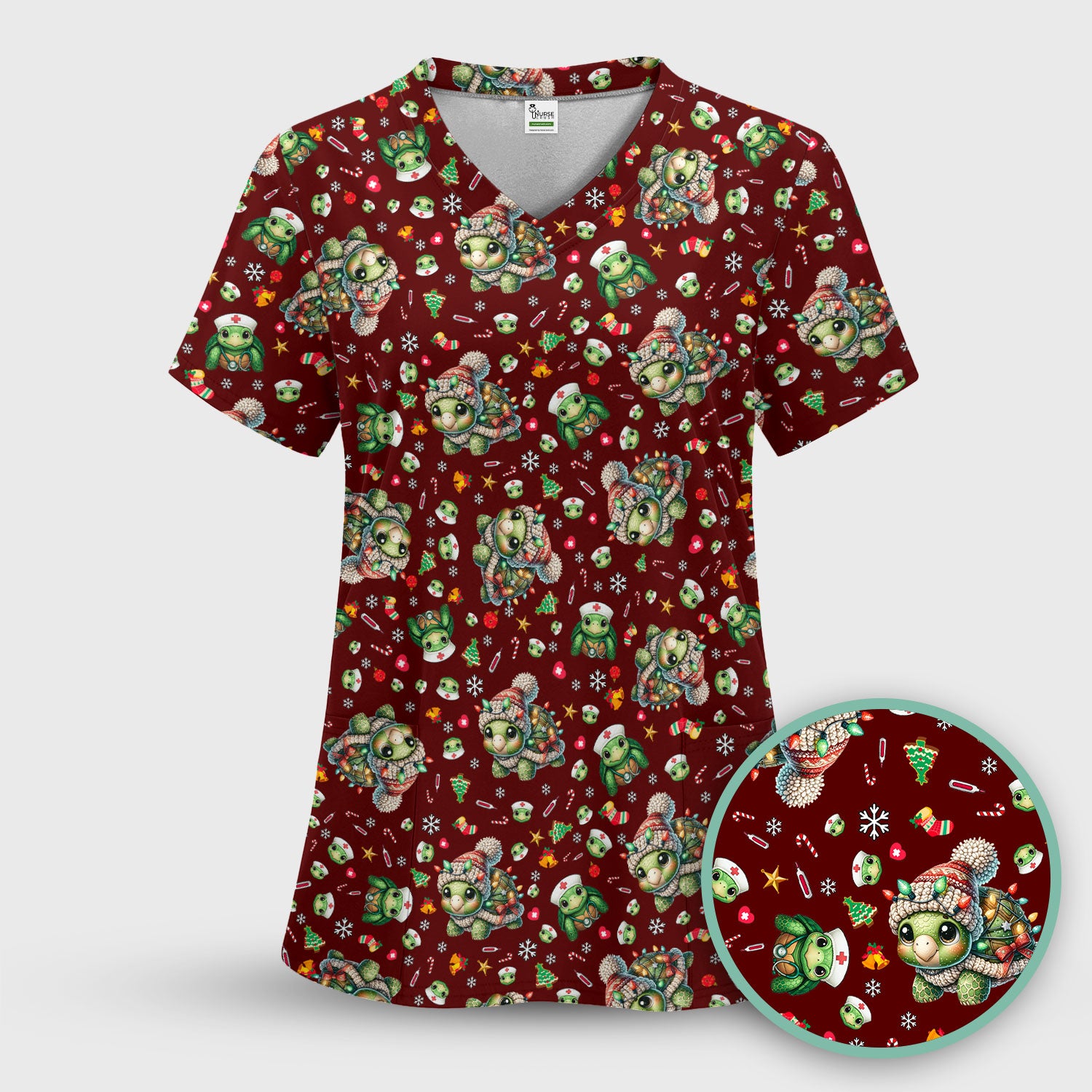 Christmas Turtle Scrub Top - Cute Funny Nurse Shirt - Holiday Medical Uniform for Women RN LPN CNA Gift Idea