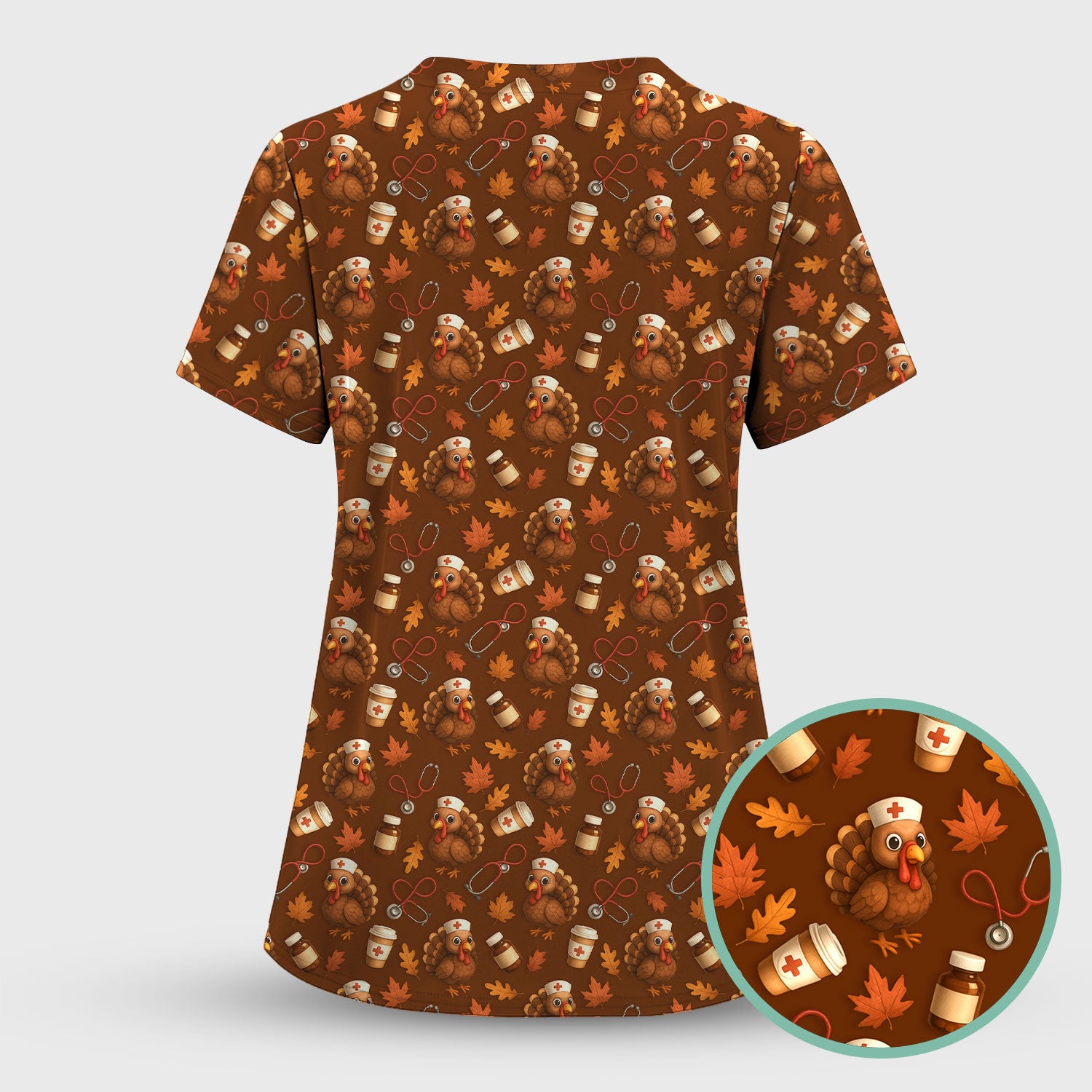 Turkey Pattern Thanksgiving Scrub Set - Fall Leaves and Nurse Tools Print Scrubs - Fun Autumn Medical Pants and Top Gift for RN CNA LPN