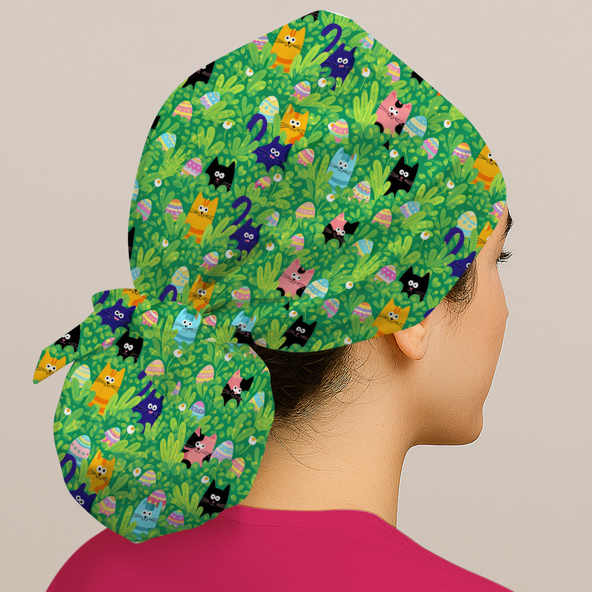 Colorful Easter Cats Green Leaves Print Cap, Bouffant Scrub Caps for Women