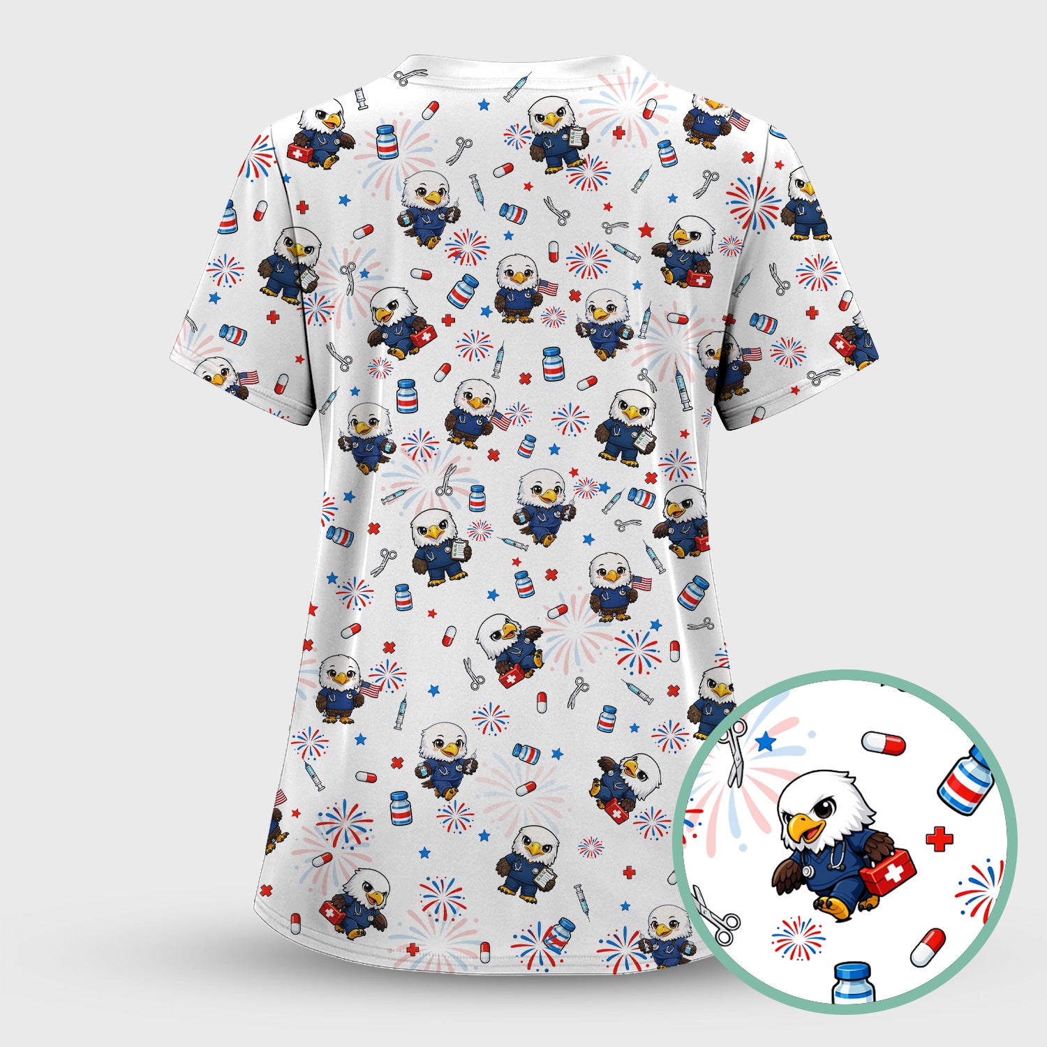 Patriotic Nurse Eagle Fireworks Medical Pattern Scrub Set, Women's Scrub Sets