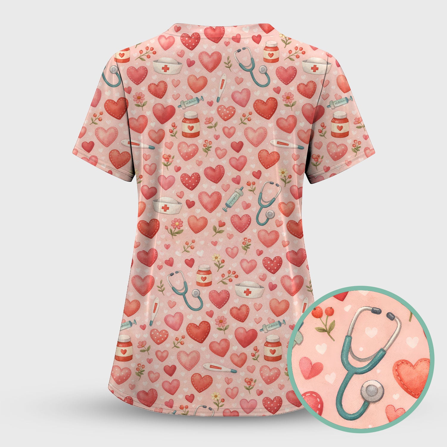 Cute Medical Heart Pattern Scrub Set, Valentine Nurse Scrub Shirt, Breathable Fabrics Nursing Uniform