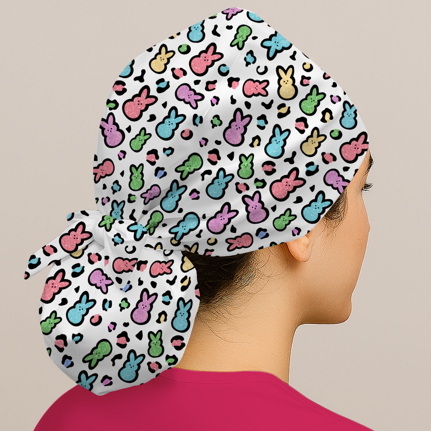 Cute Easter Bunny Pastel Pattern Print Cap, Bouffant Scrub Caps for Women