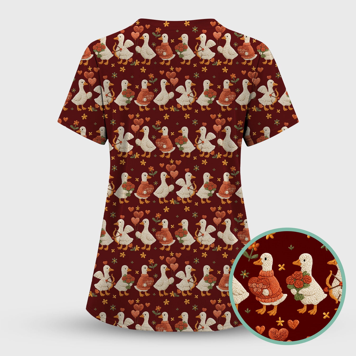 Cute Goose Nurse Scrub Top, Valentine Farm Medical Pattern Shirt, Breathable Fabrics Nursing Uniform