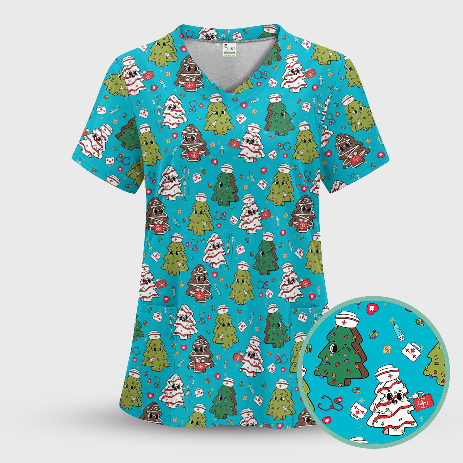 Christmas Nursing Scrub Top for Women - Festive Tree Medical Shirt - Cute Holiday RN CNA LPN Gift