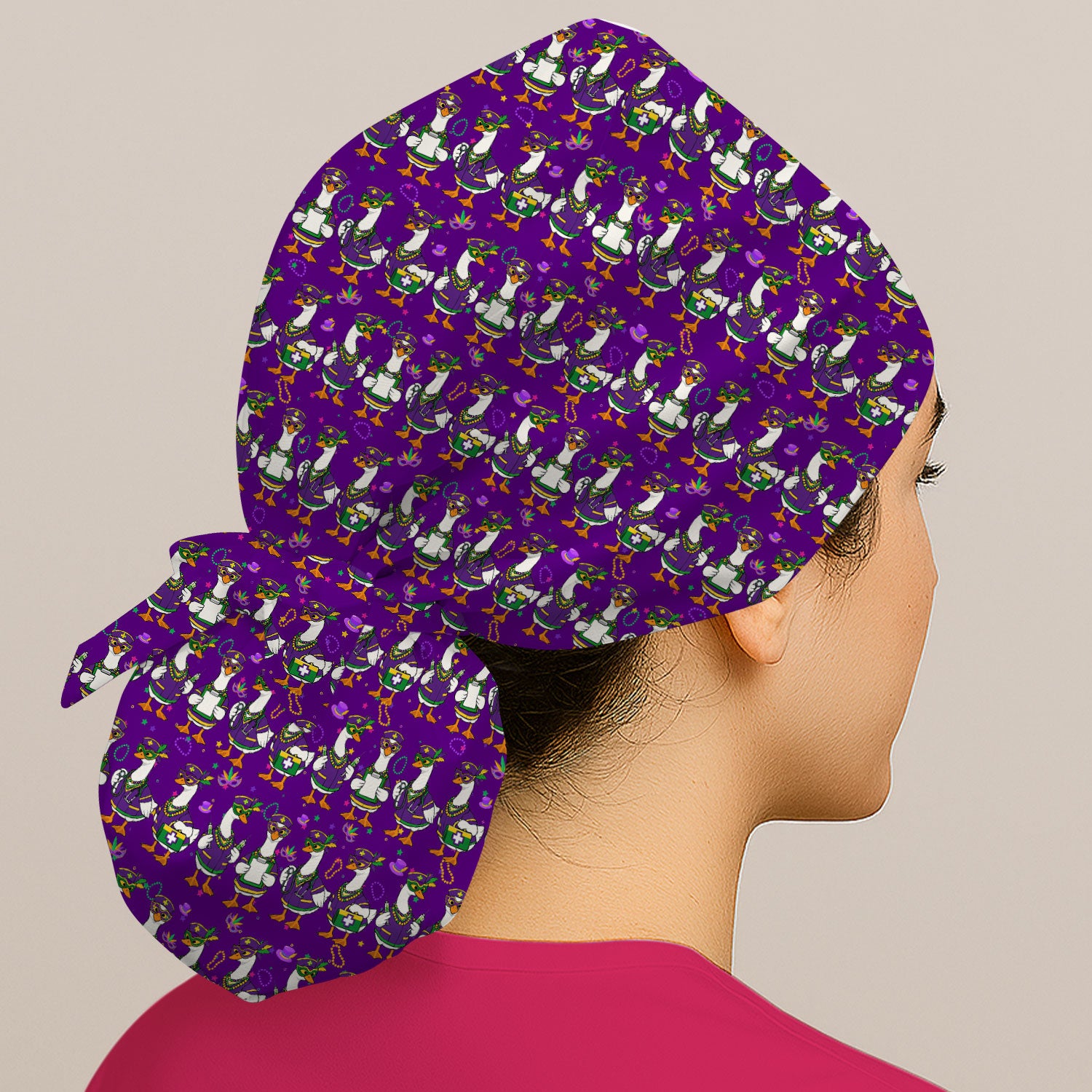 Mardi Gras Nurse Goose Scrub Cap, Purple Carnival Parade Medical Pattern Nurse Hat, Breathable Fabrics Nursing Uniform