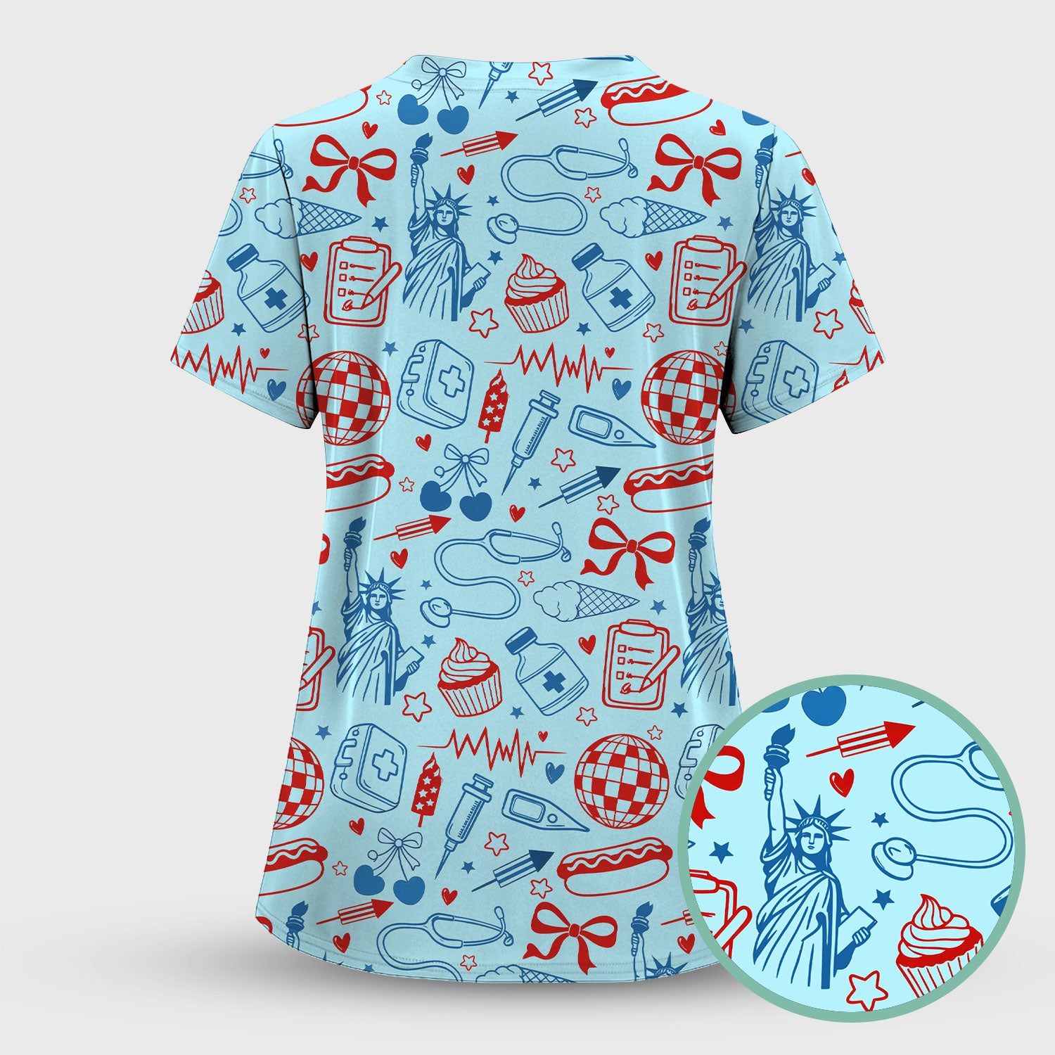 Patriotic Nurse Medical Icons Pattern Scrub Set, Scrub Pants and V Neck Top
