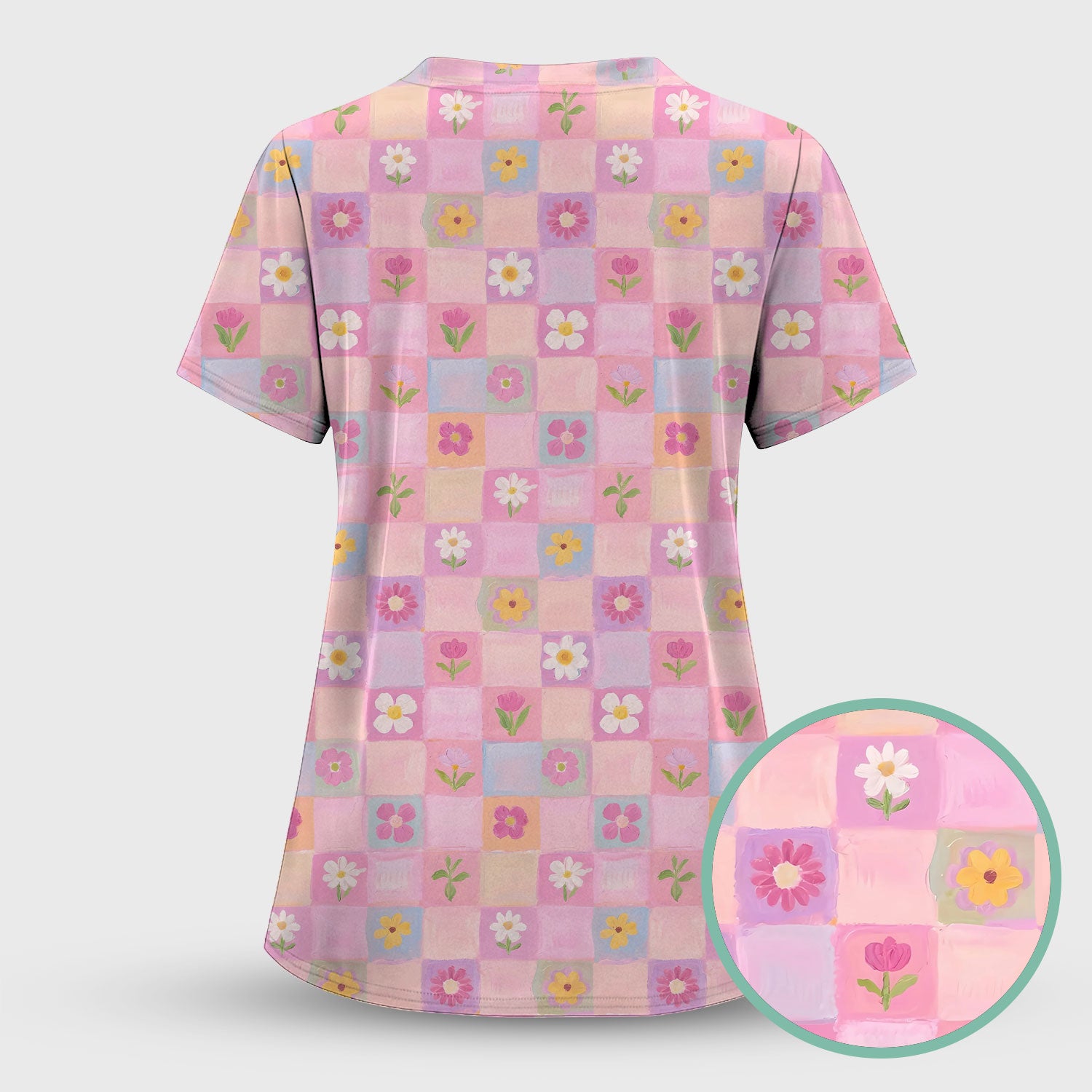 Lovely Pastel Floral Patchwork Pattern Scrub Set, Scrub Pants and V Neck Top