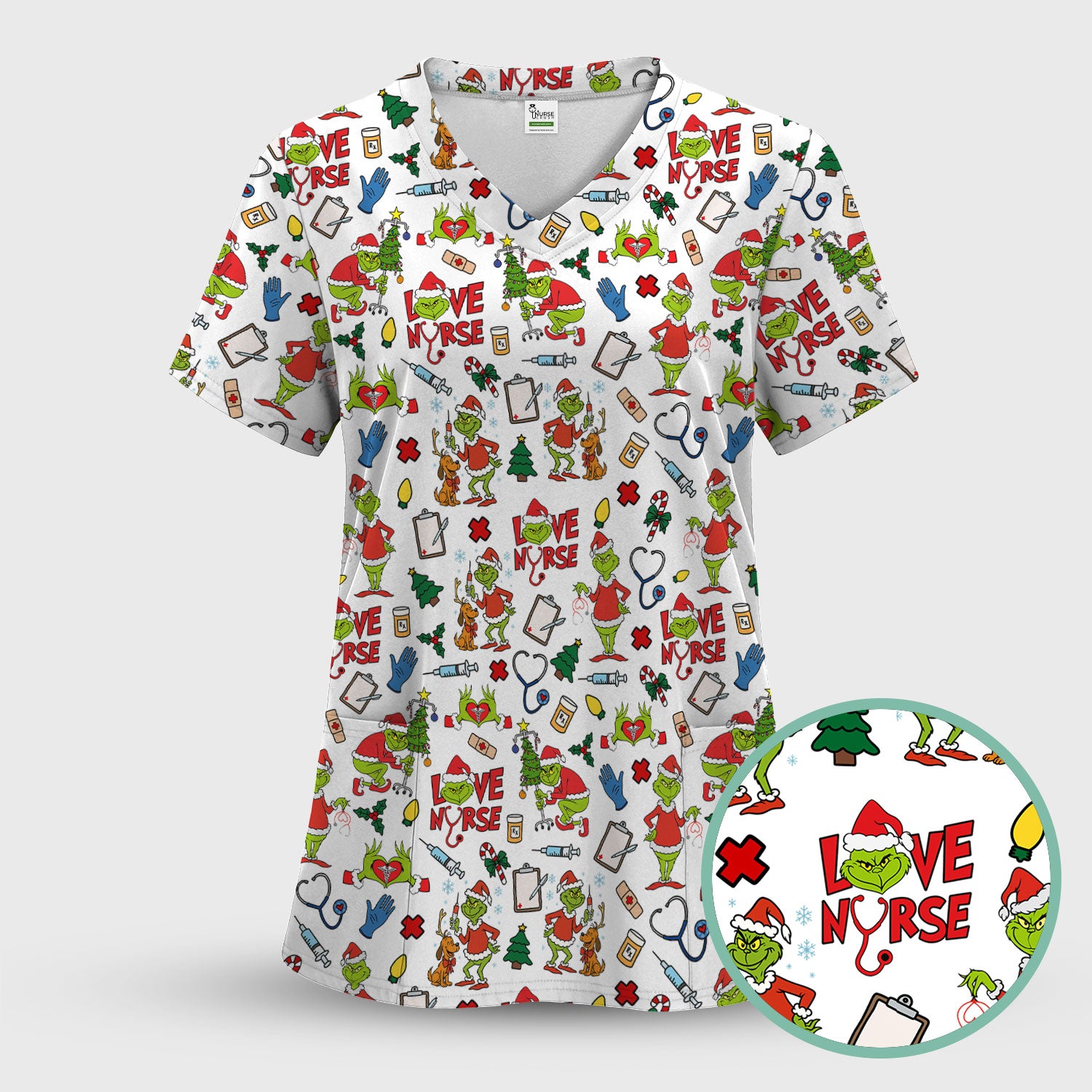 Funny Grinch Love Nurse Scrub Top - Multi Color Christmas Scrub Shirt - Cute Holiday Nursing Workwear with Pockets for Women
