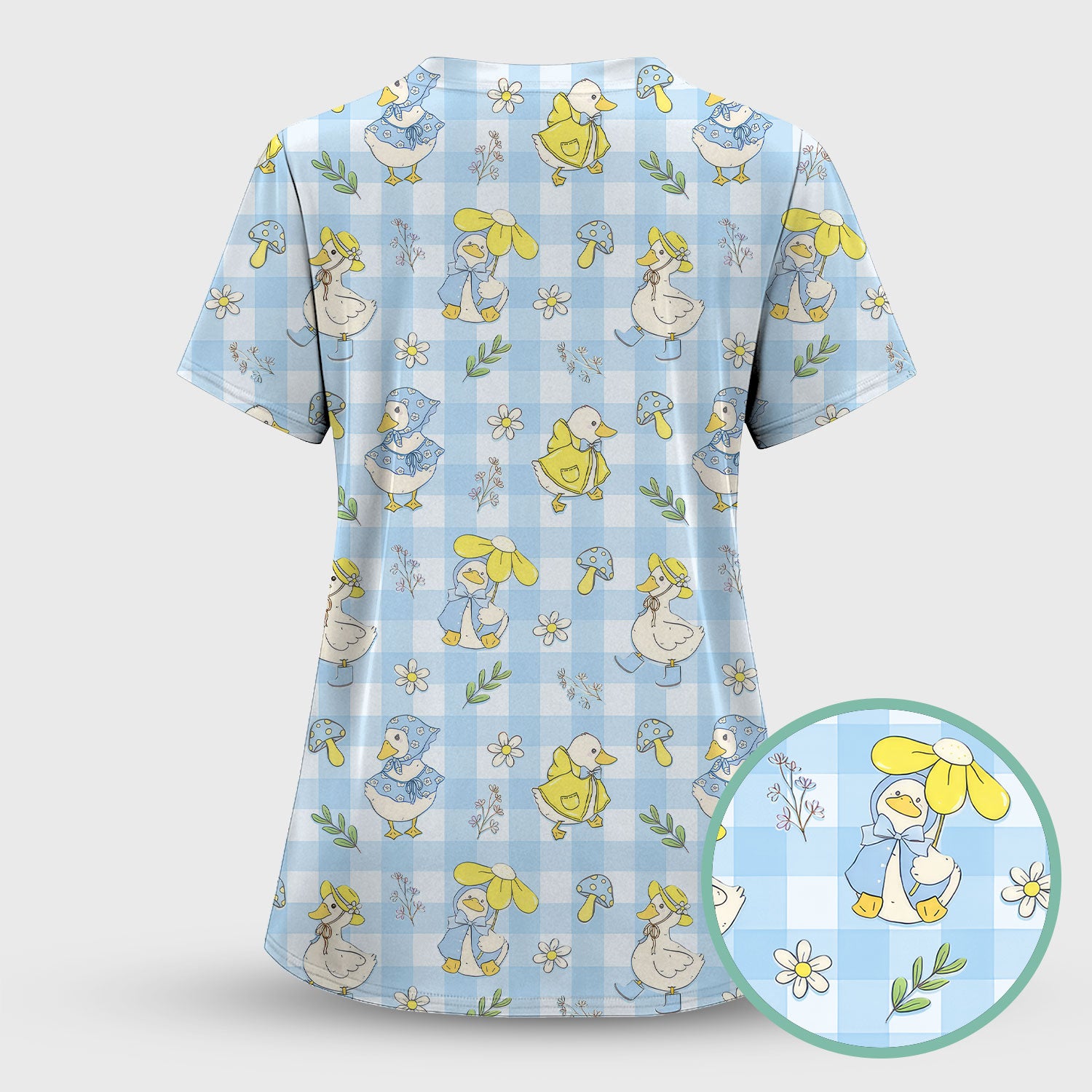 Cute Duck Outfit Gingham Pattern Scrub Top, Comfortable Scrubs for Nurses