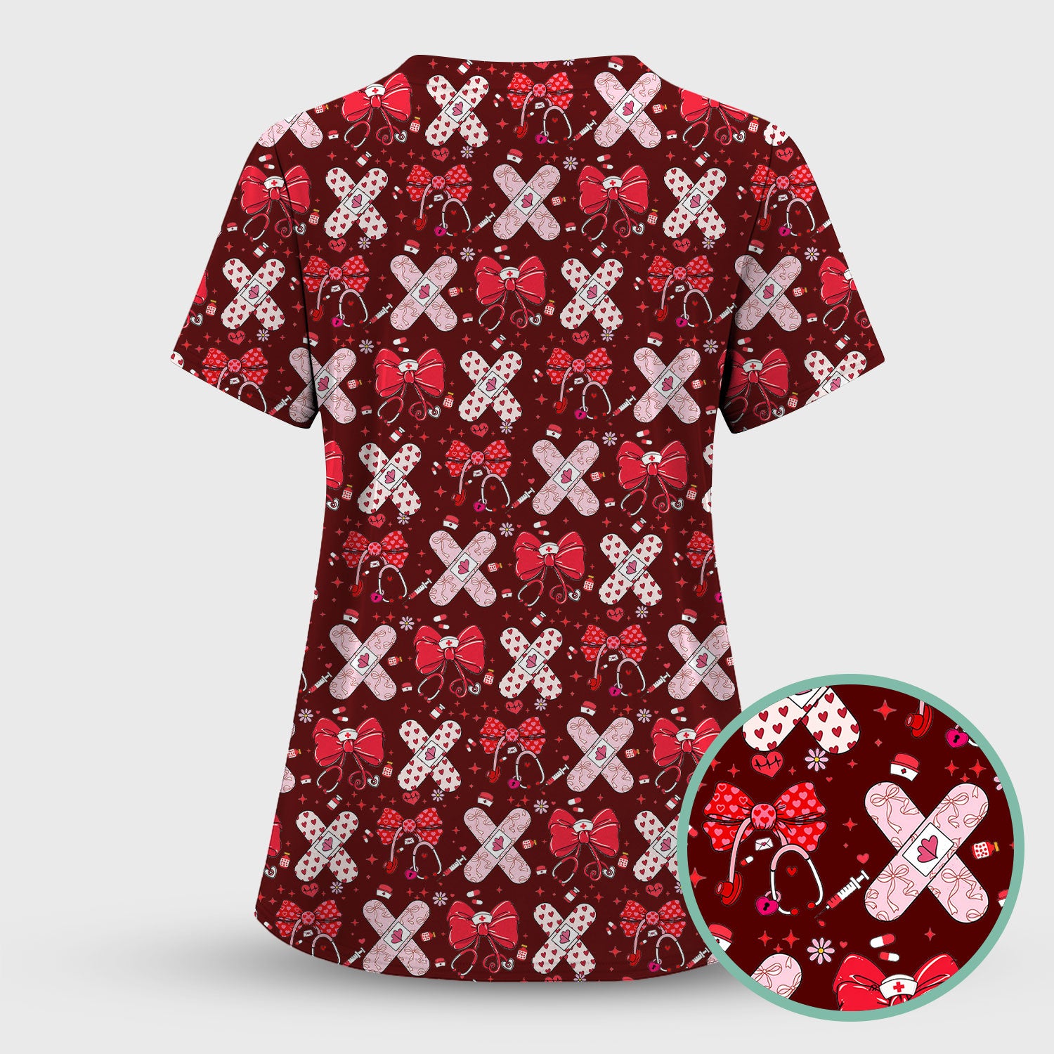 Valentine Nurse Scrub Top, Red Bow And Heart Bandage Pattern Medical Shirt, Breathable Fabrics Nursing Uniform