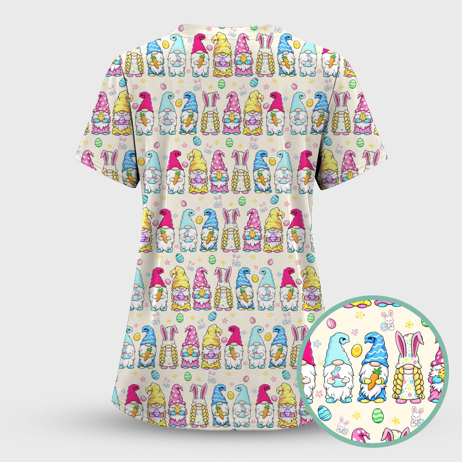 Colorful Easter Gnome Bunny Eggs Print Scrub Top, Comfortable Scrubs for Nurses