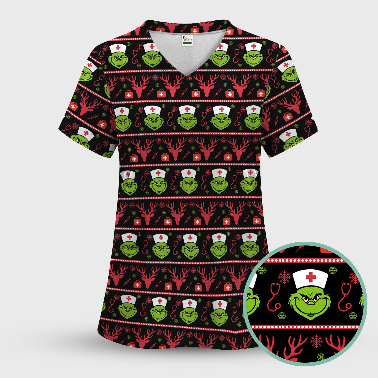 Grinch Nurse Ugly Christmas Scrub Top - Funny Holiday Nursing Scrubs Shirt - Cute Medical Workwear for Women with Festive Pattern
