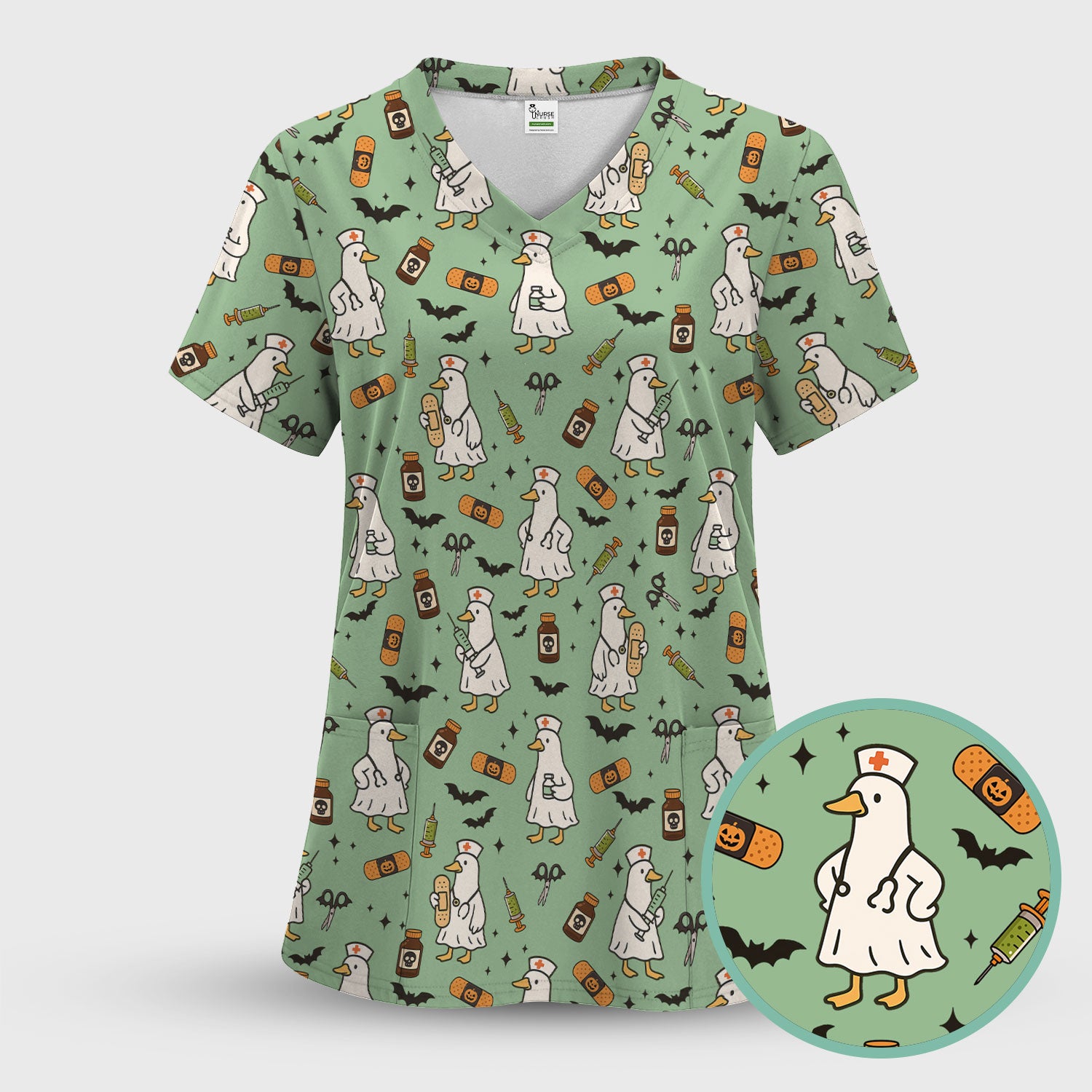 Cute Duck Pattern Nurse Scrub Top - Funny Goose Halloween Medical Design - Playful Spooky Nursing Shirt for RN LPN CNA Women