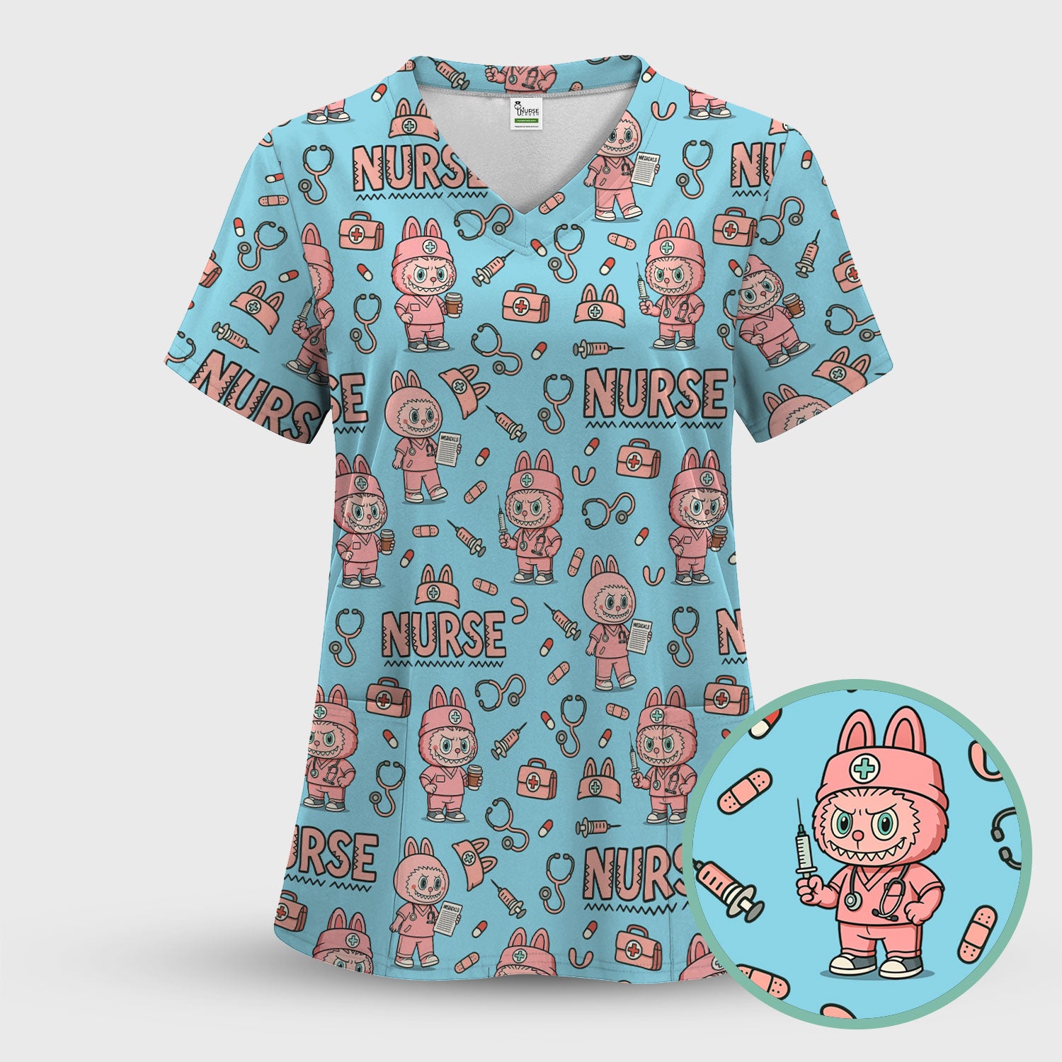 Cute Nurse Scrub Top for Women - Bunny Cartoon Medical Shirt - Fun Nurse Appreciation Gift for CNA RN Doctor