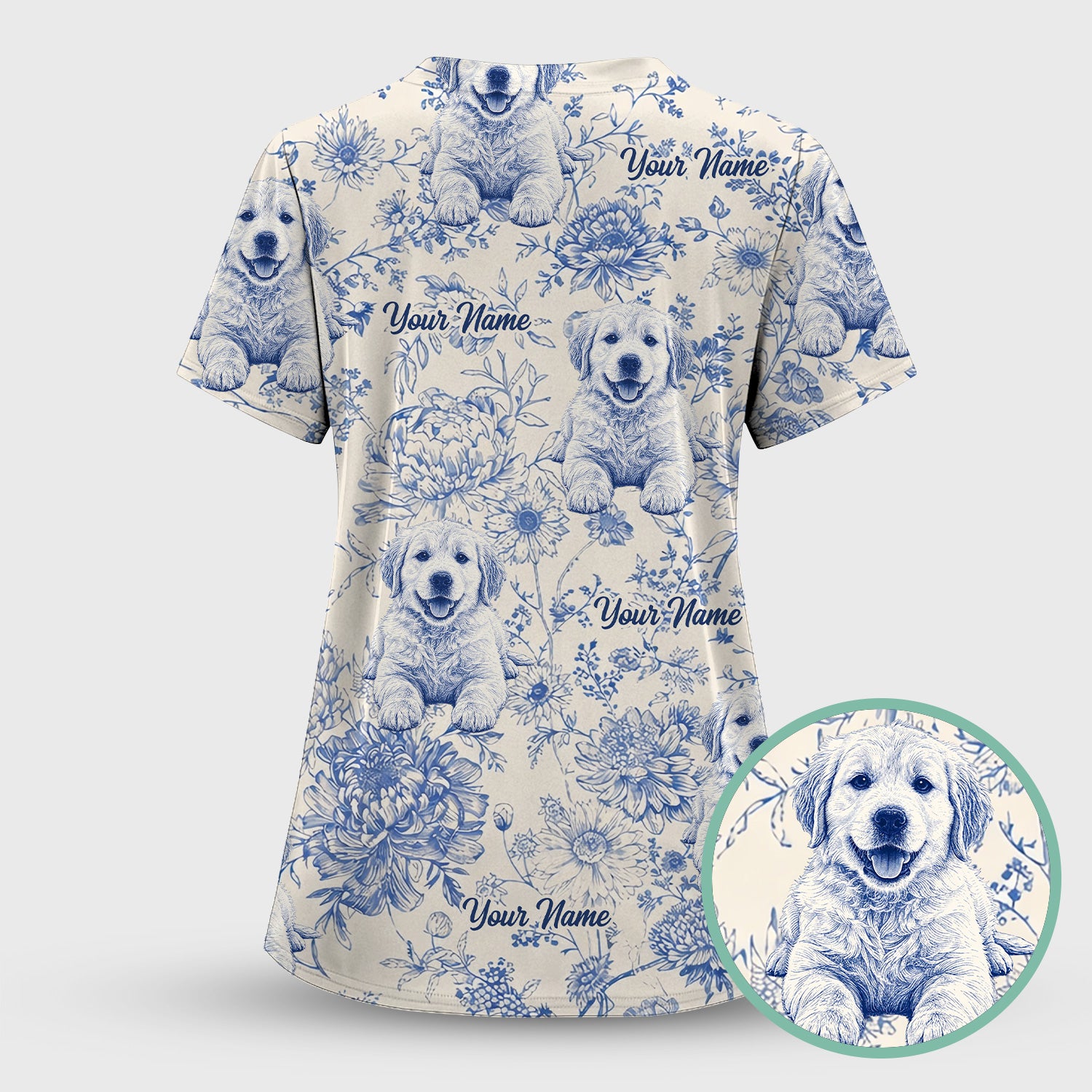 Personalized Custom Pet Photo Name Floral Pattern Scrub Top, Breathable Fabrics Nursing Uniform