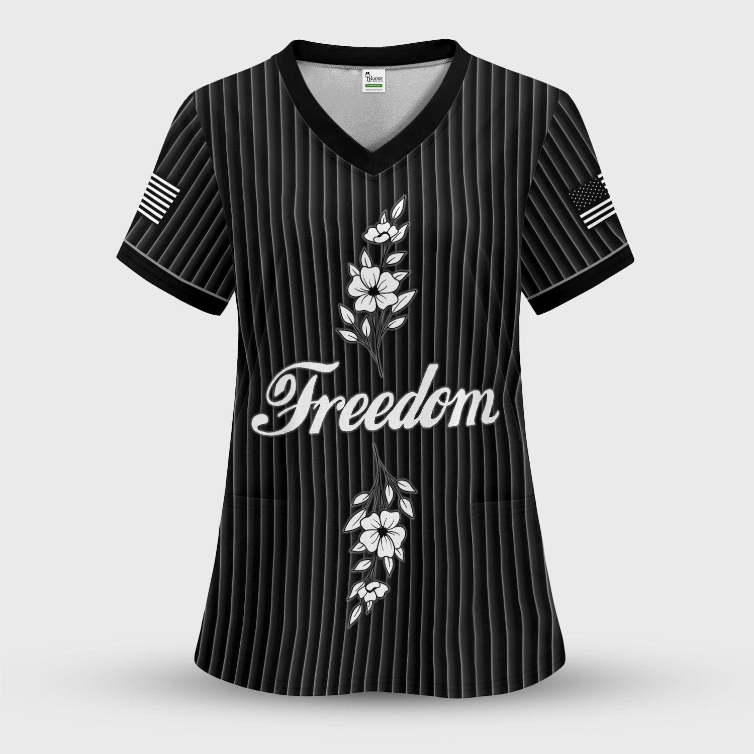 Freedom Shirt Women Scrub Top - Minimalist Floral Medical Uniform - Elegant White Stripe Nursing Gift for RN LPN CNA