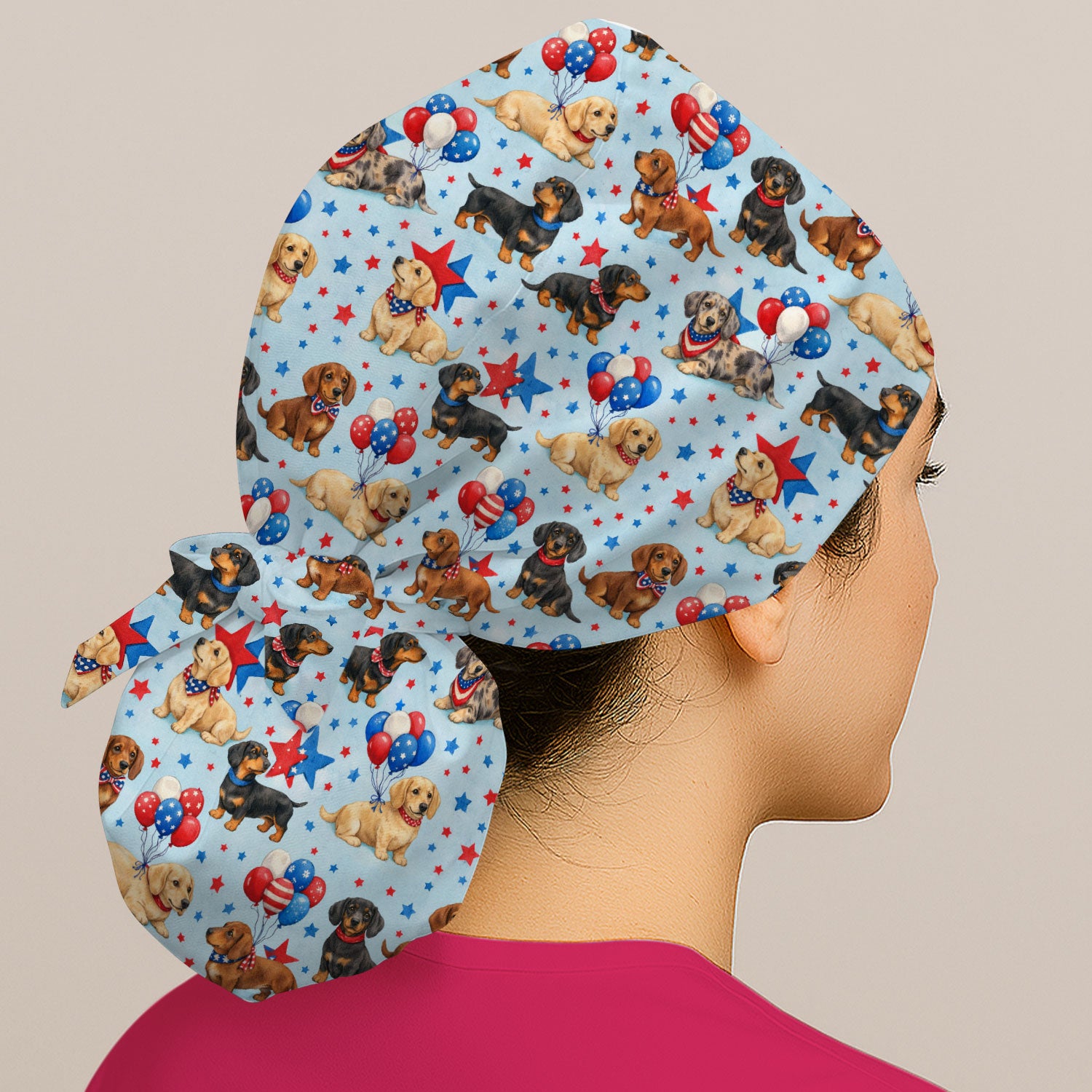 Cute Patriotic Dachshund Balloon Star Pattern Scrub Cap, Breathable Fabrics Caps Uniform