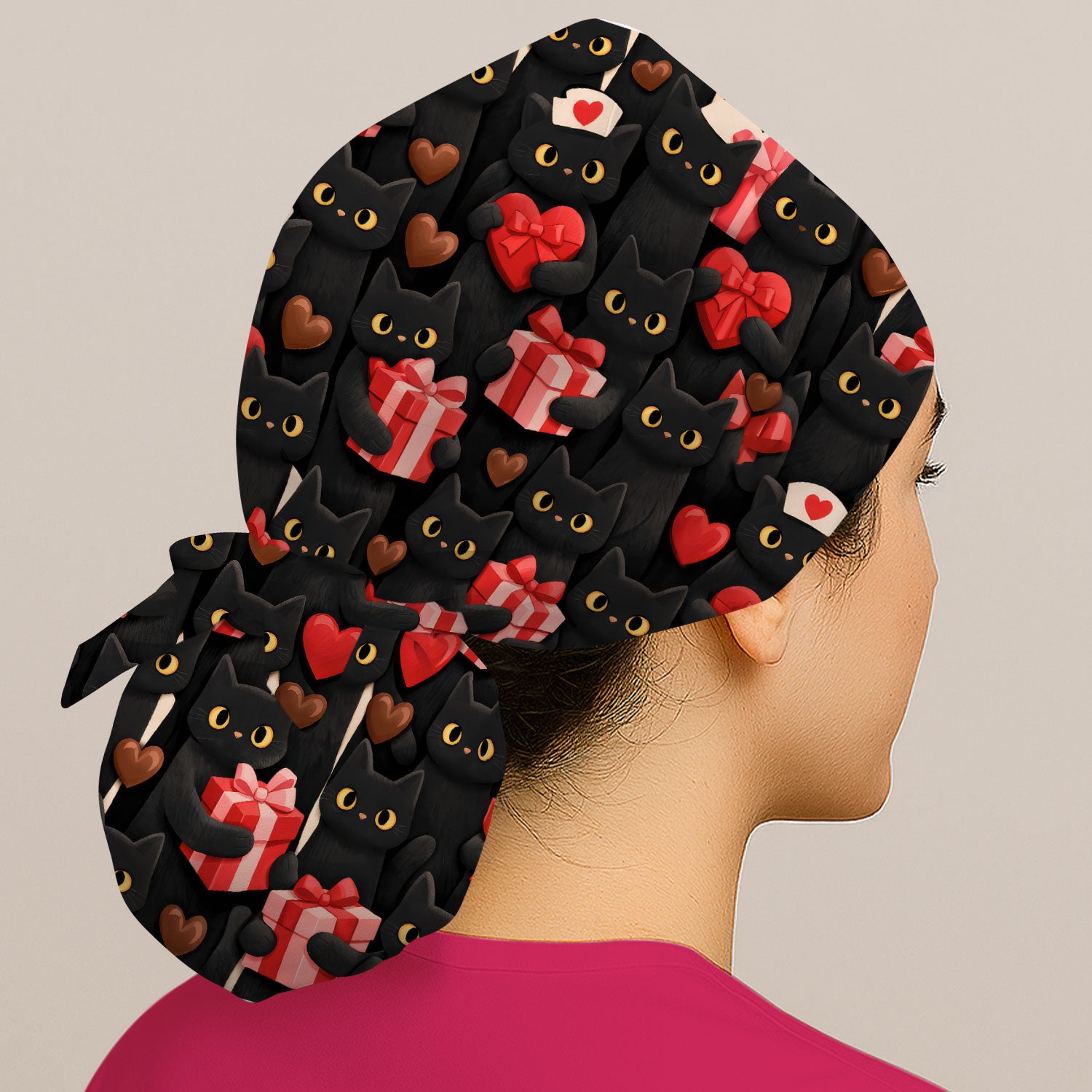 Black Cat Valentine Nurse Scrub Cap, Heart Pattern Medical Hat, Breathable Fabrics Nursing Uniform