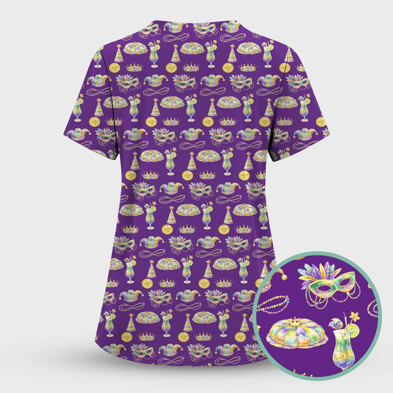 Mardi Gras Mask Scrub Top, Elegant Carnival Pattern Nurse Shirt For Women, Breathable Fabrics Nursing Uniform