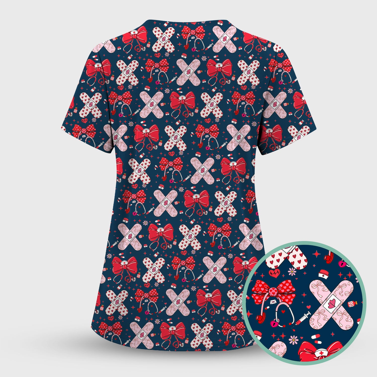Valentine Nurse Scrub Top, Red Bow And Heart Bandage Pattern Medical Shirt, Breathable Fabrics Nursing Uniform