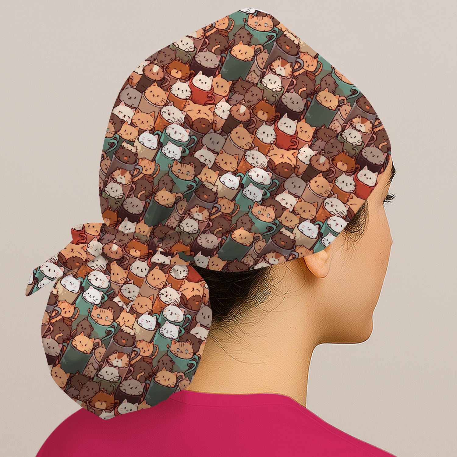 Cute Coffee Cat Scrub Cap, Cozy Kittens in Mug Pattern Nurse Hat, Breathable Fabrics Nursing Uniform