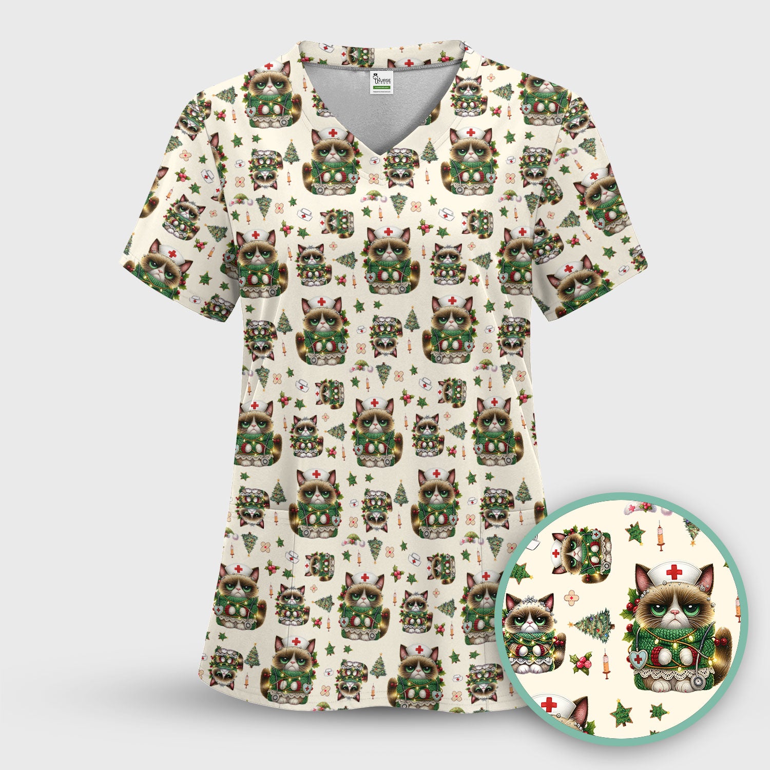 Christmas Nurse Scrub Top - Funny Cat Nursing Shirt - Cute Holiday Medical Uniform for Women RN LPN CNA