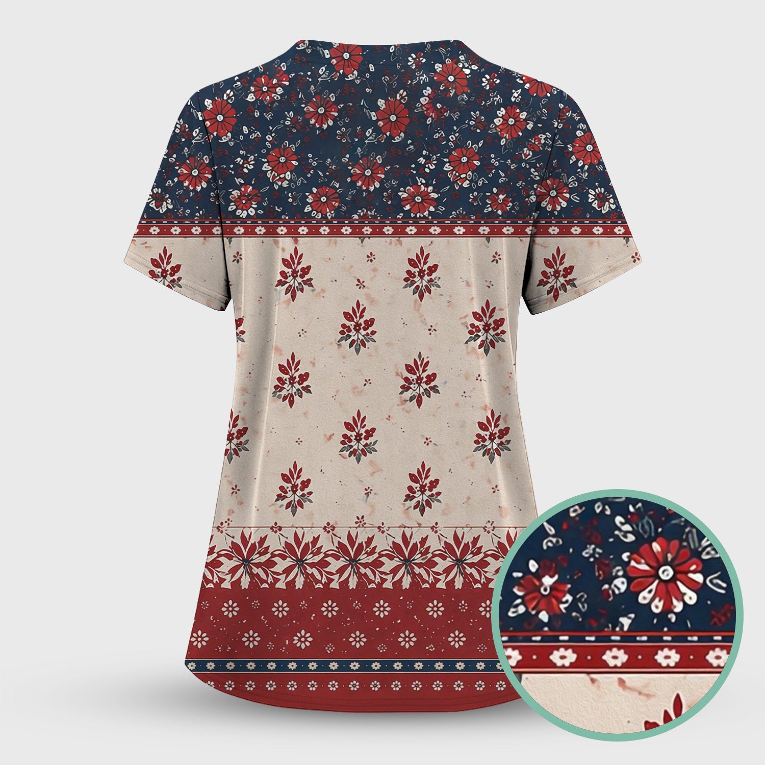 Vintage Floral Border Red Blue Pattern Scrub Set, Scrub Pants and V Neck Top