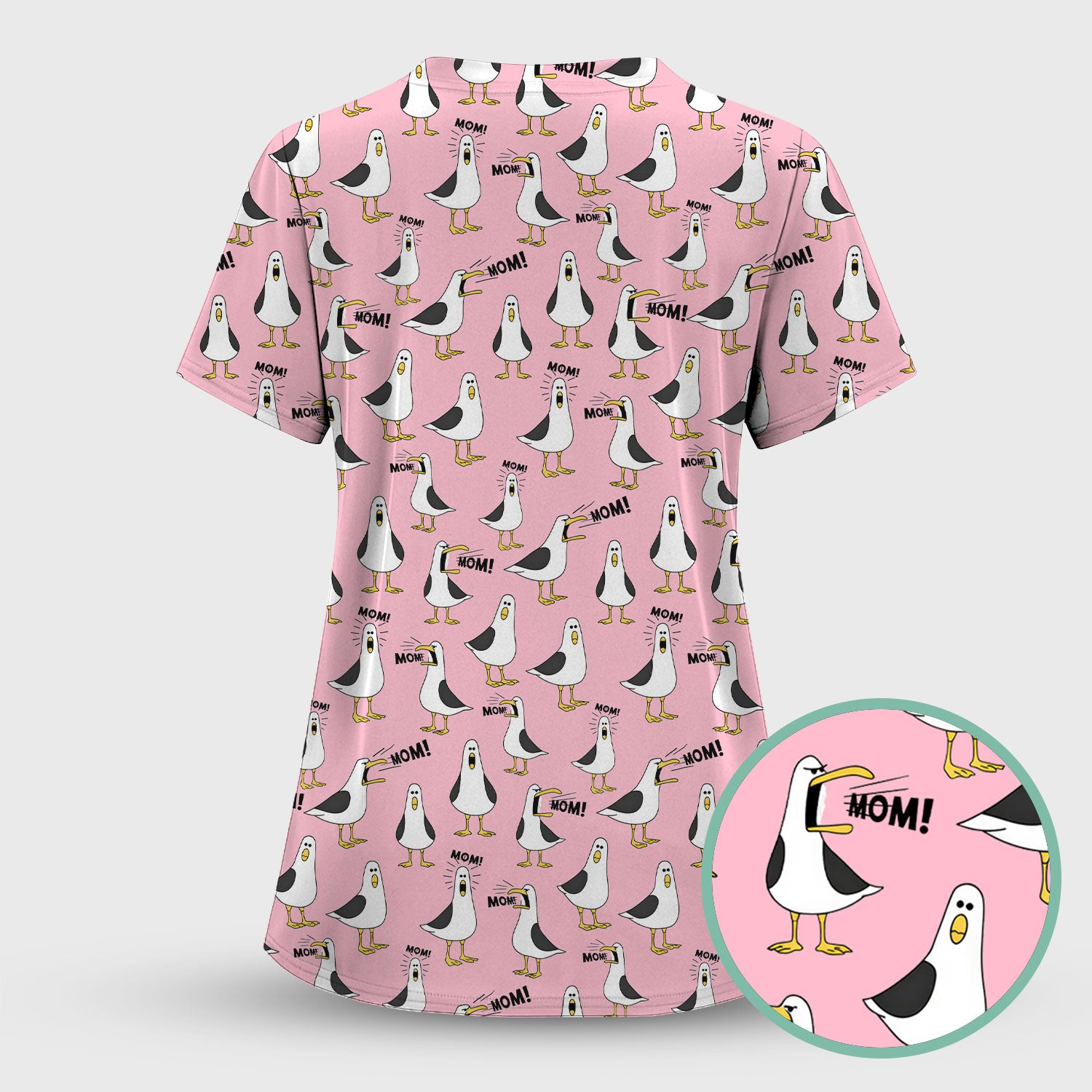 Funny Seagull Mom Seamless Pattern Scrub Set, Scrub Pants and V Neck Top