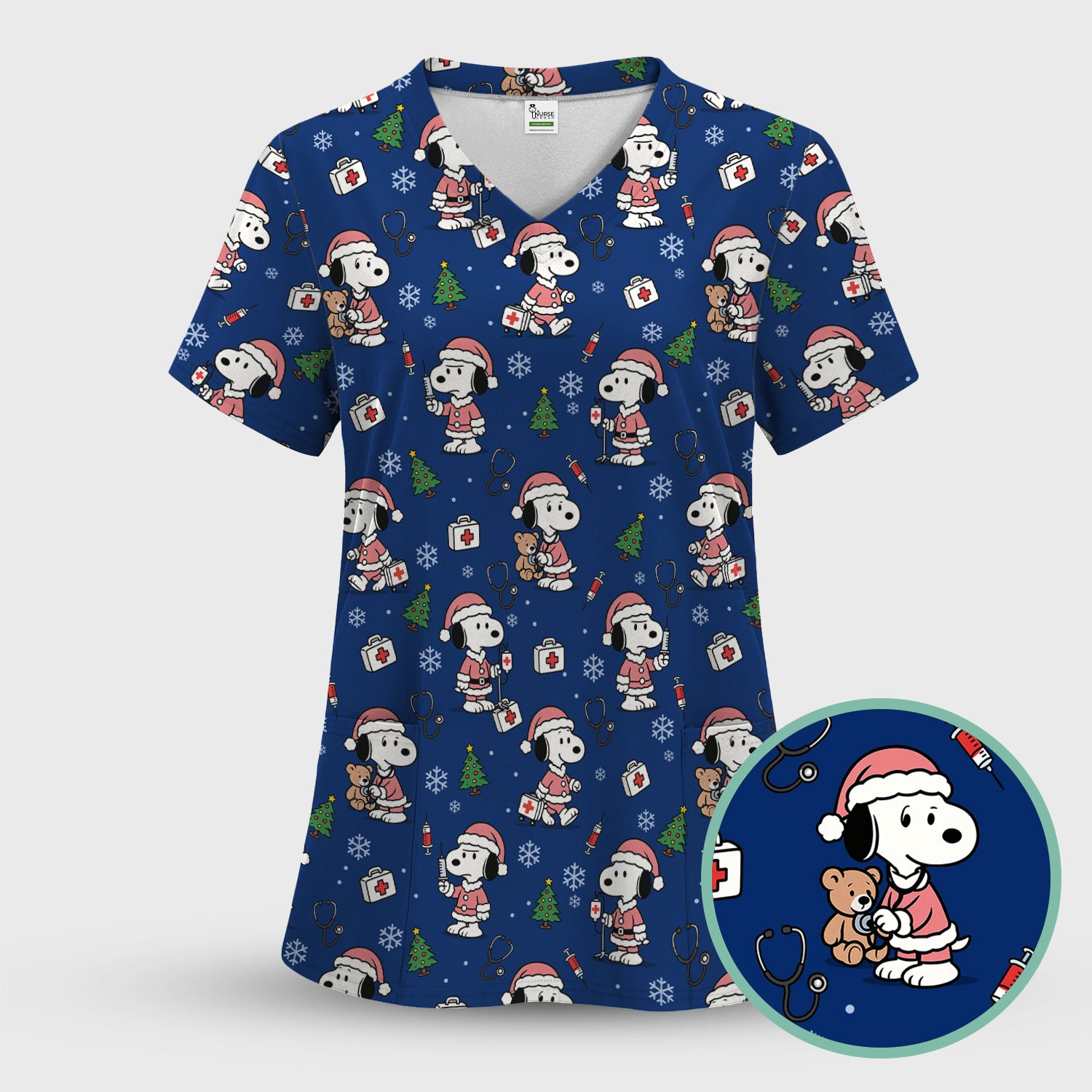 Snoopy Christmas Nurse Scrub Top for Women - Cute Cartoon Holiday Medical Uniform with Pockets - Nursing Gift for RN CNA LPN