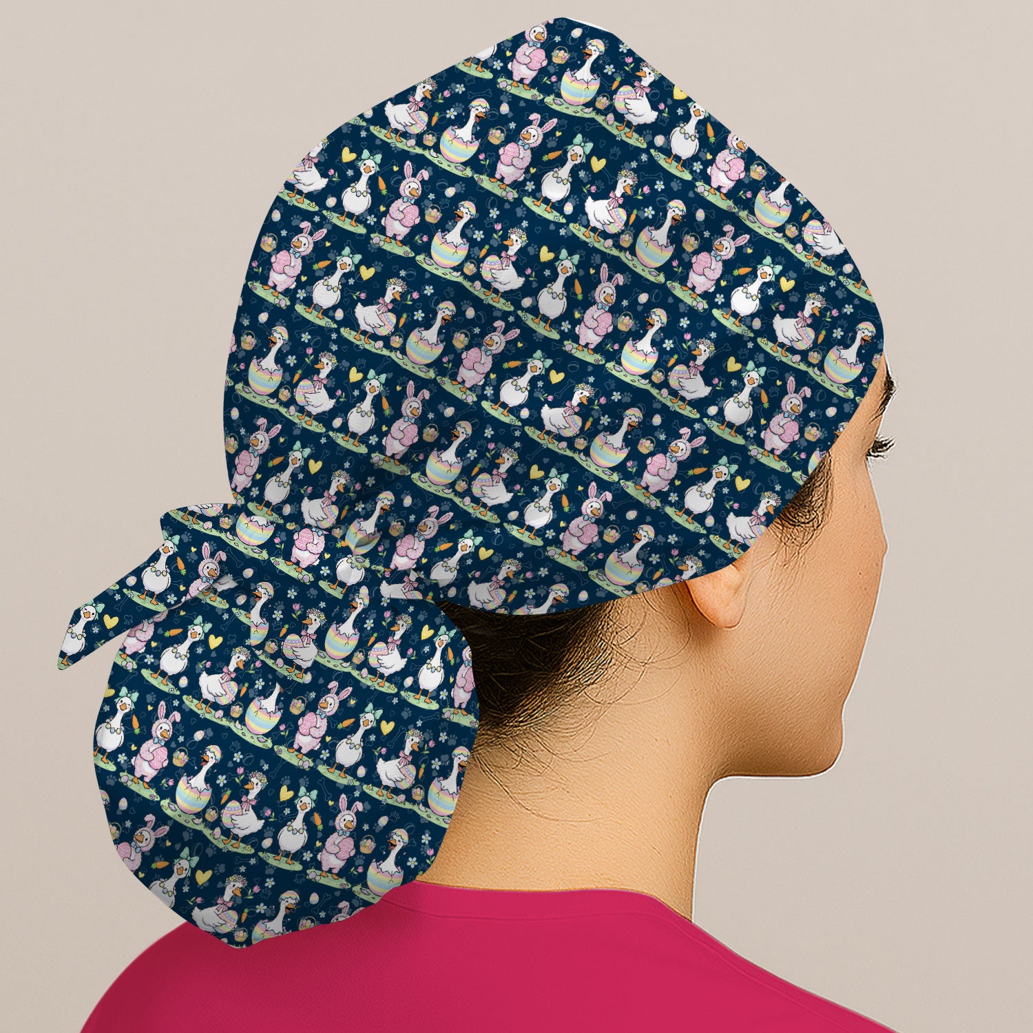 Cute Easter Goose Pattern Bouffant Cap, Breathable Fabrics Caps Uniform