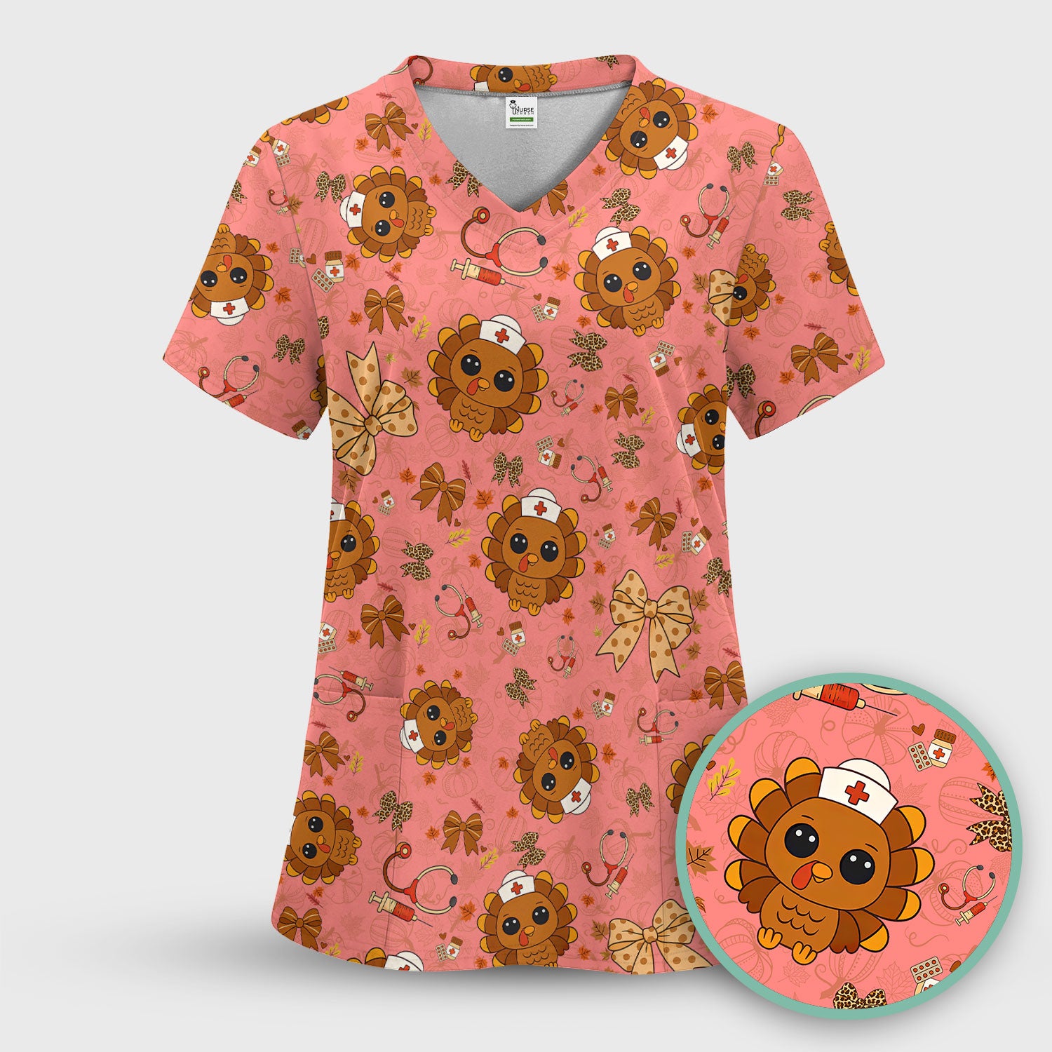 Thanksgiving Turkey Nurse Scrub Top for Women - Cute Fall Leaves and Bow Shirt - Autumn Medical Shirt Gift for RN CNA LPN Doctor