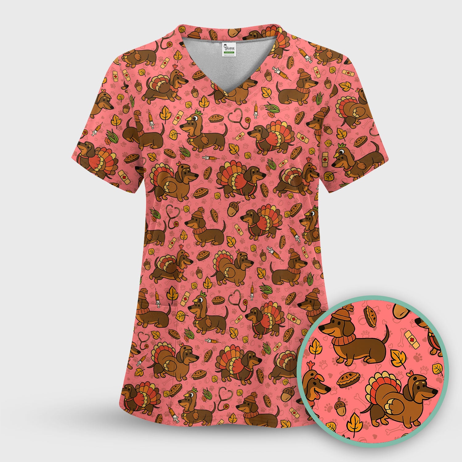 Thanksgiving Wiener Dog Scrub Top - Funny Dachshund TurkeChicken Nurse Shirt for Women - Cute Holiday Medical Uniform