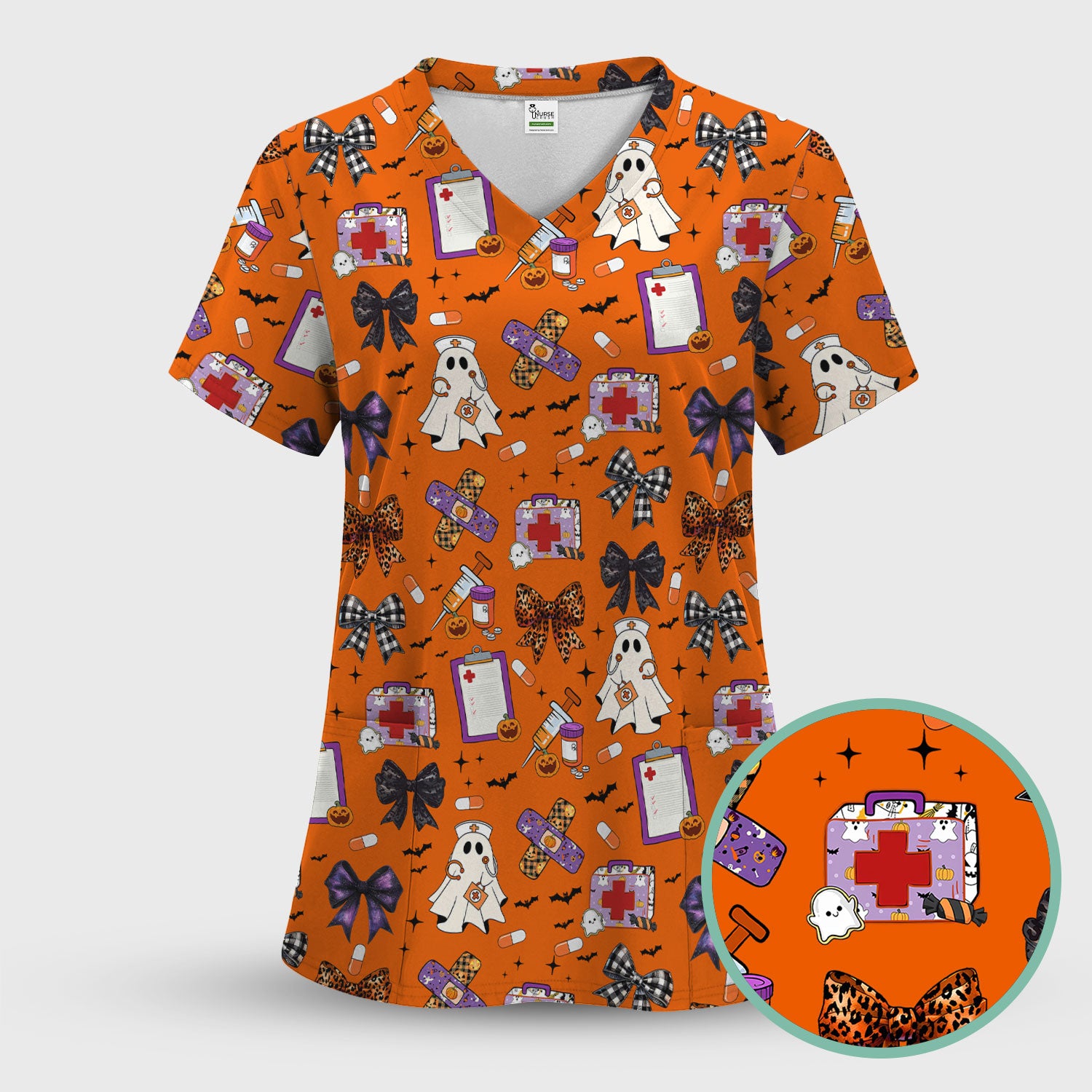 Halloween Nurse Scrub Top - Cute Ghost & Bow Medical Scrubs - Yellow Nursing Shirt with Colorful Halloween Print