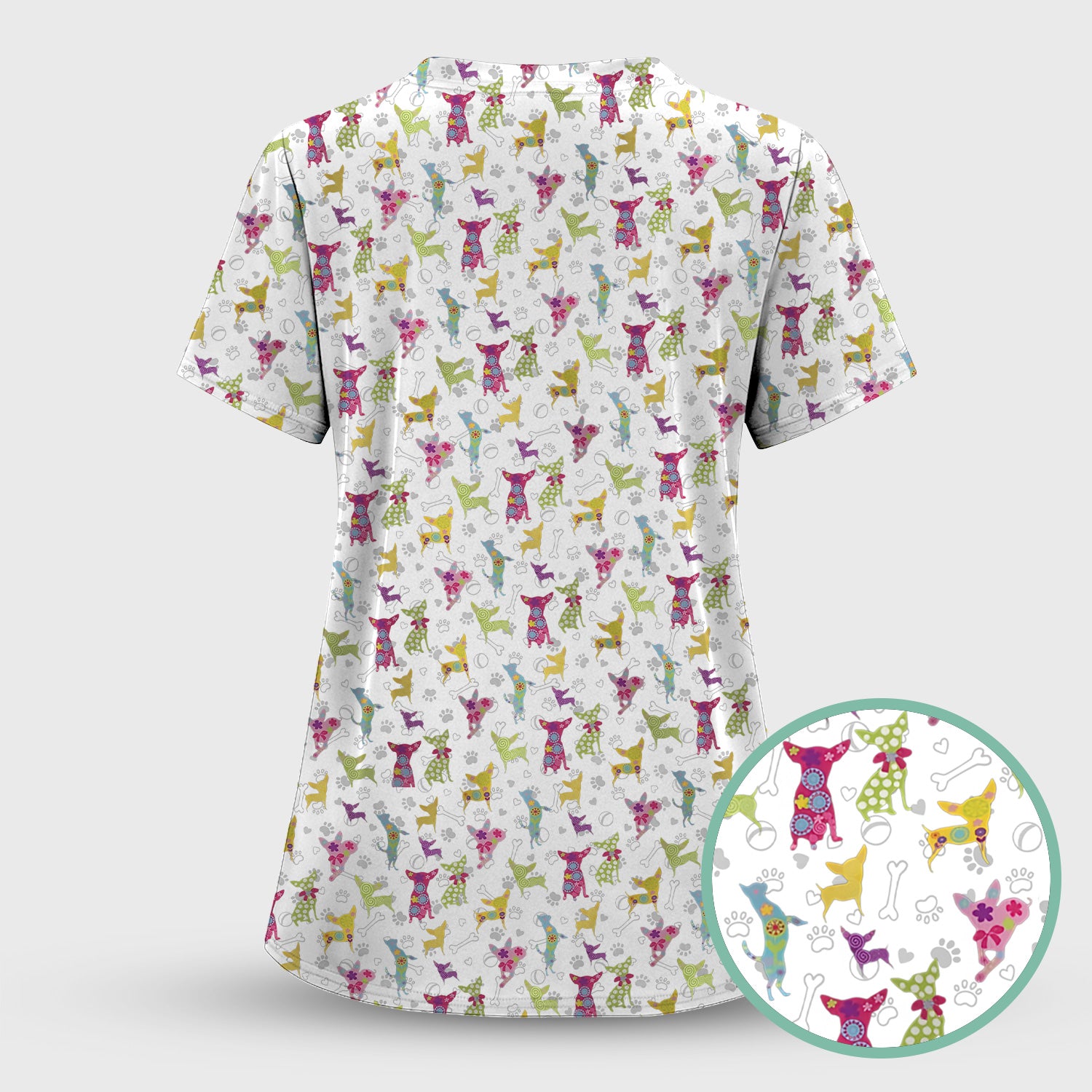Colorful Playful Dog Print Nurse Scrub Top, Comfortable Scrubs for Nurses