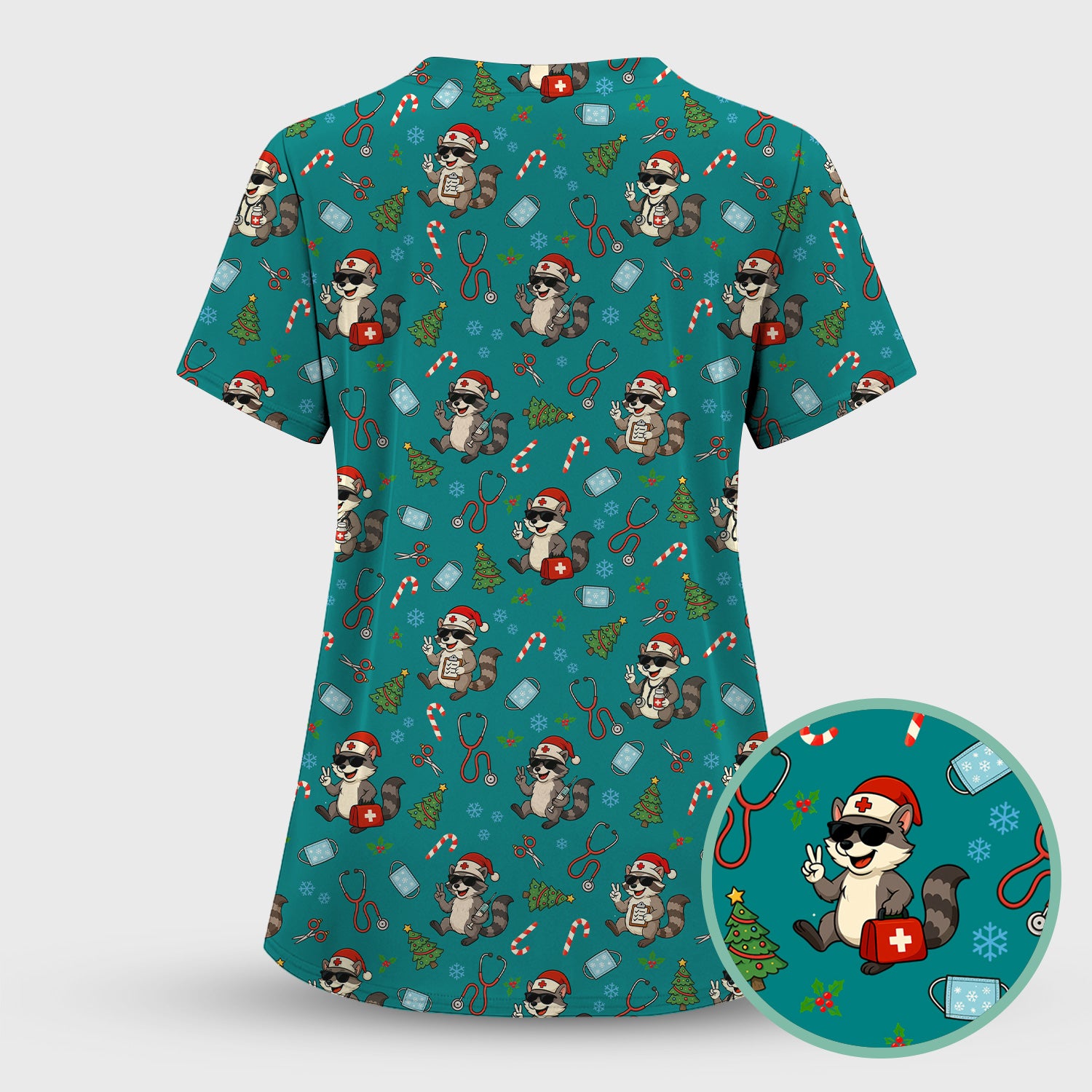 Cute Raccoon Christmas Scrub Top - Santa Hat and Stethoscope Pattern Nurse Scrubs - Funny Holiday Medical Shirt Gift for RN CNA LPN