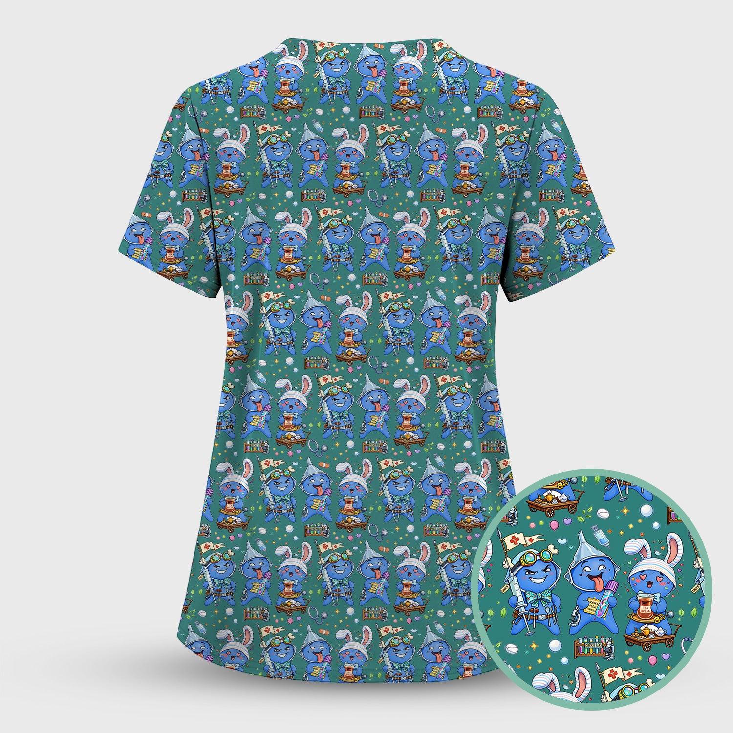 Cute Glove Doll Hospital Medical Cartoon Nurse Pattern Scrub Set, Women's Scrub Sets
