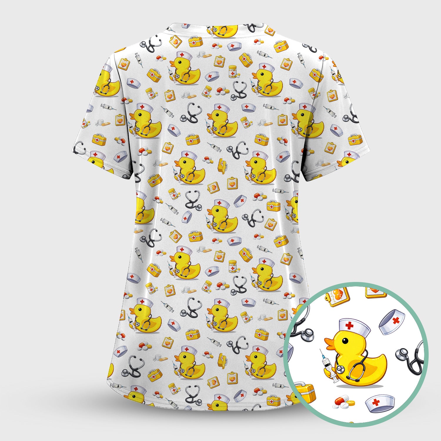 Playful Medical Duck Print Nurse Scrub Top, Comfortable Scrubs for Nurses