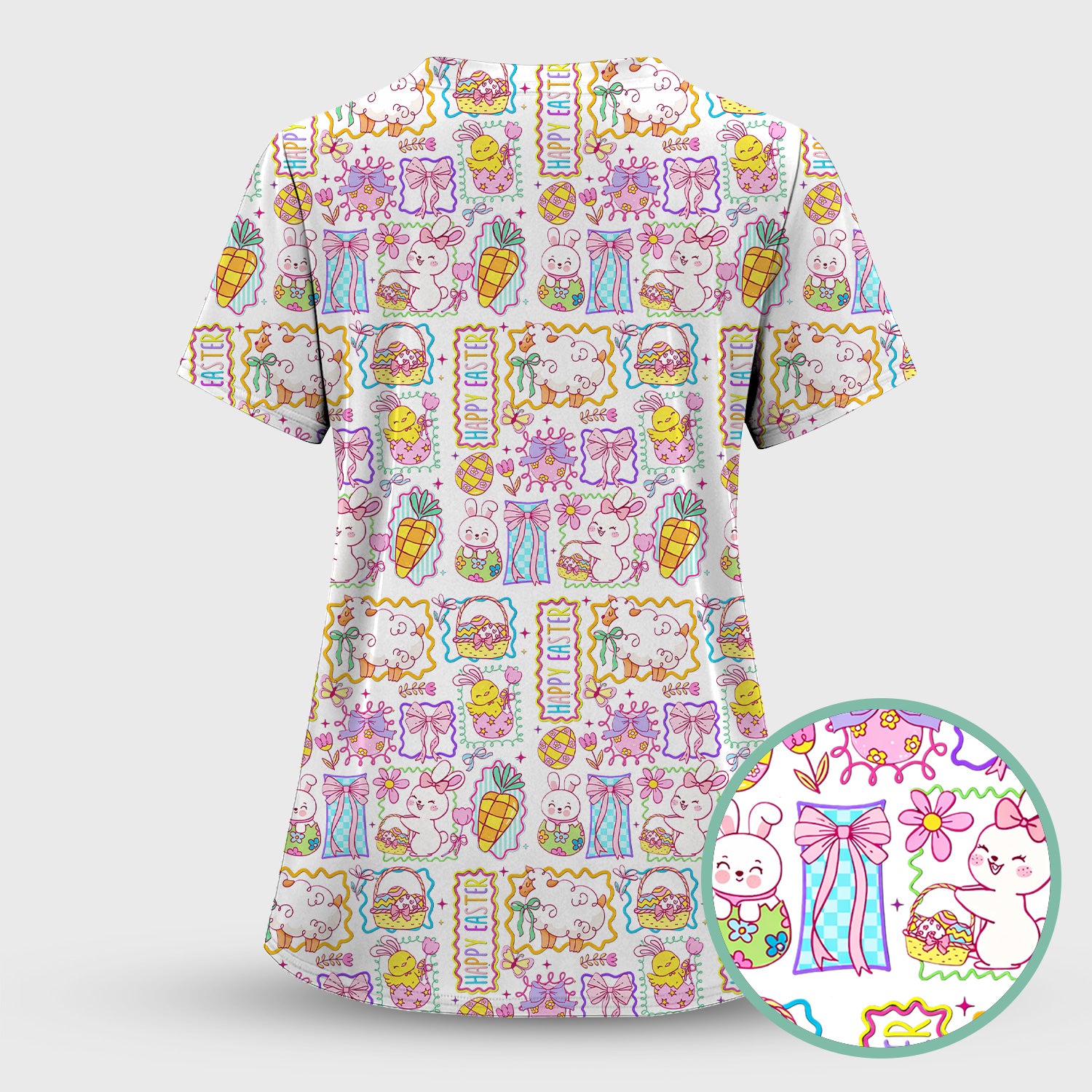 Cute Easter Bunny Egg and Bow Print Scrub Top, Breathable Fabrics Nursing Uniform
